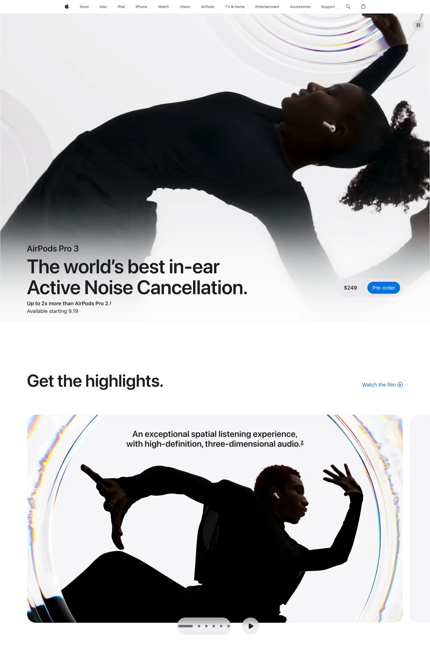 AirPods Pro 3 — screenshot of a minimal hardware online shop in white and light grey