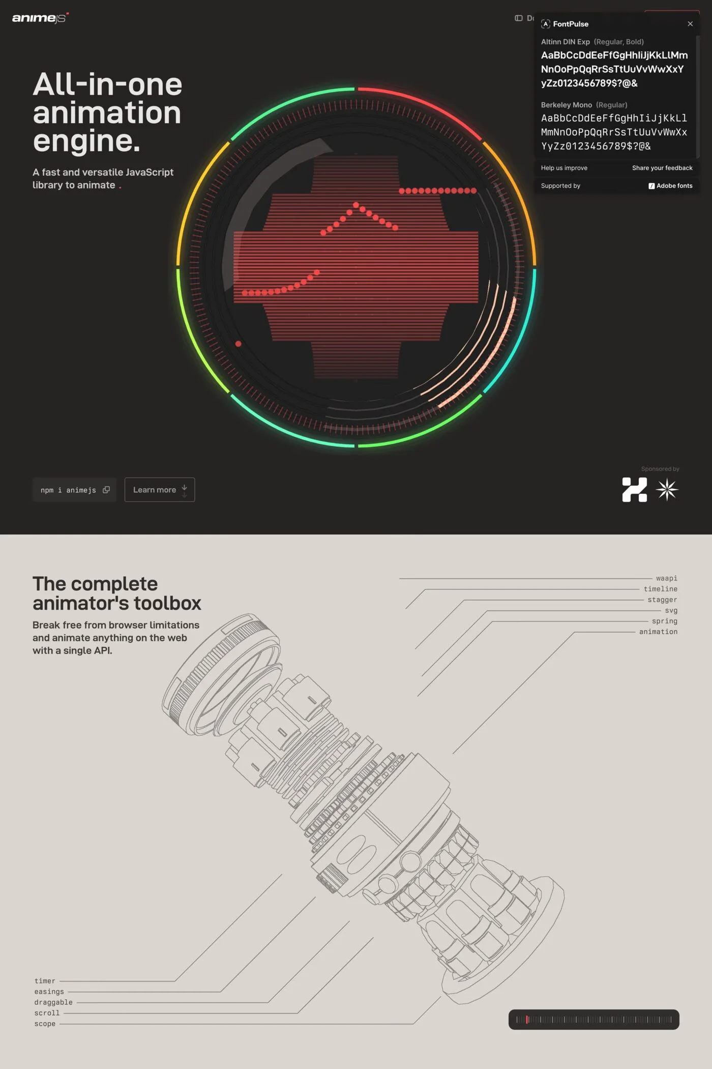 Anime.js — screenshot of a dark, colourful development landing page in black and red