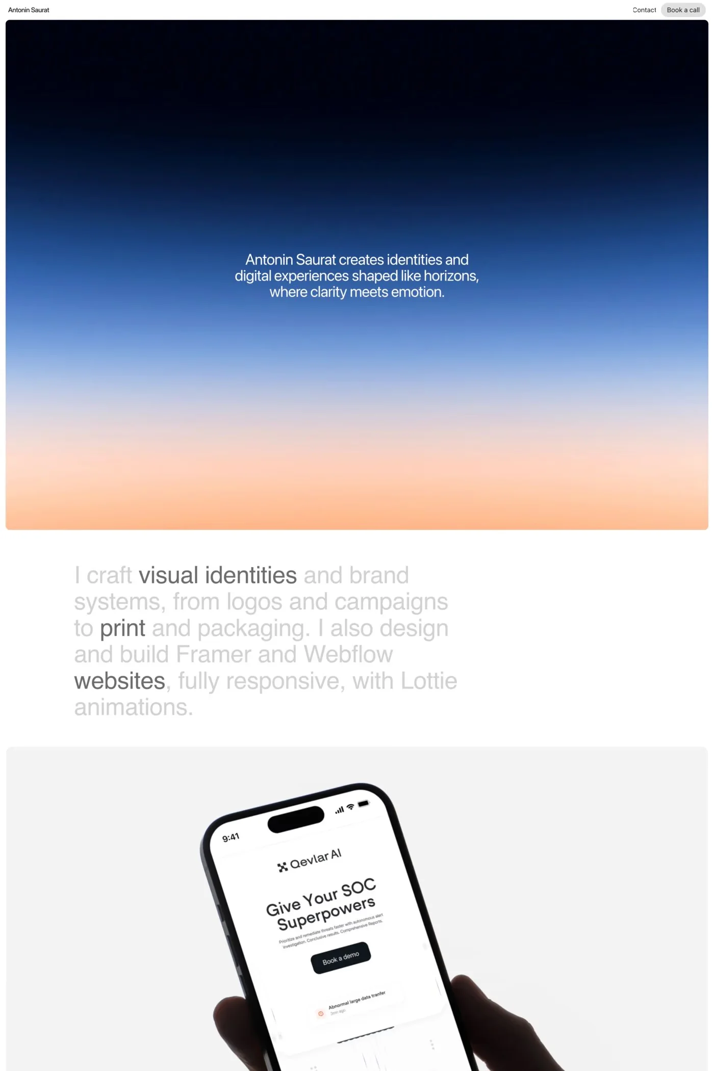 Antonin Saurat — screenshot of a minimal design portfolio site in white and dark blue