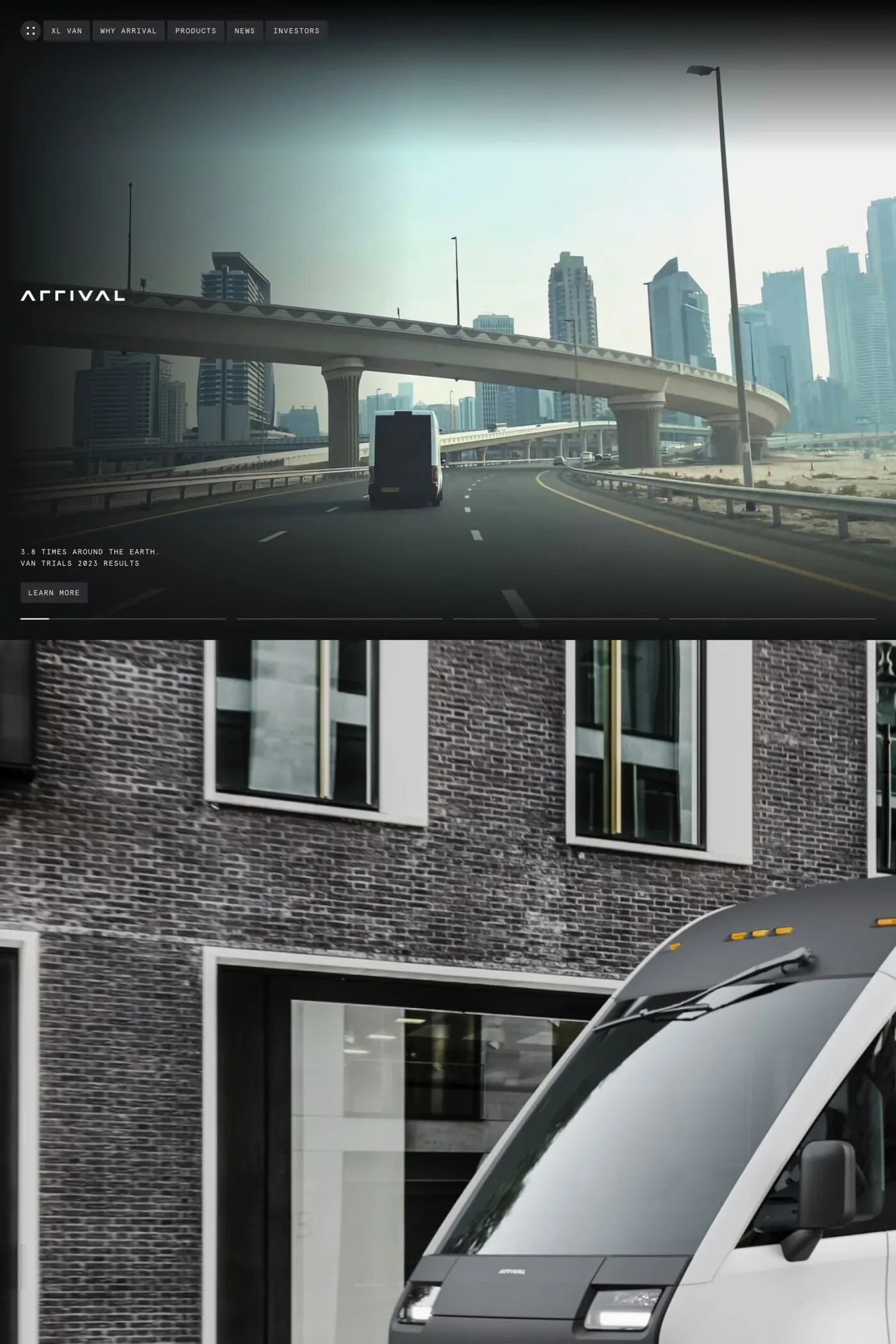 Arrival — screenshot of a landing page in black and dark grey, with monospaced type and photography