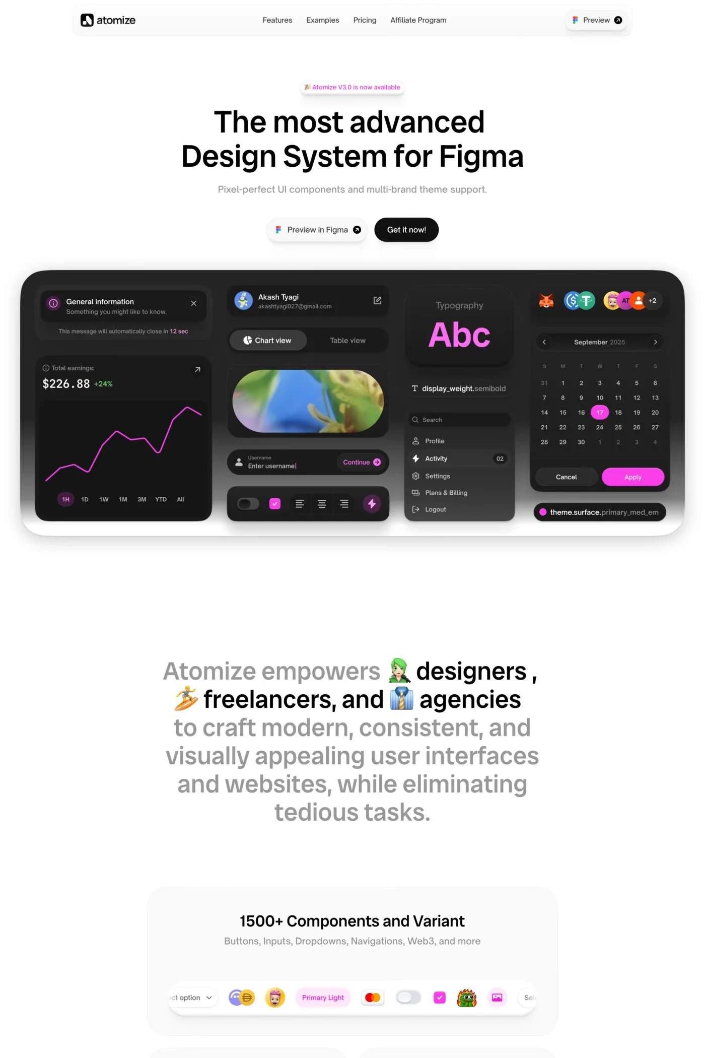 Atomize — screenshot of a colourful, light design landing page in black and pink