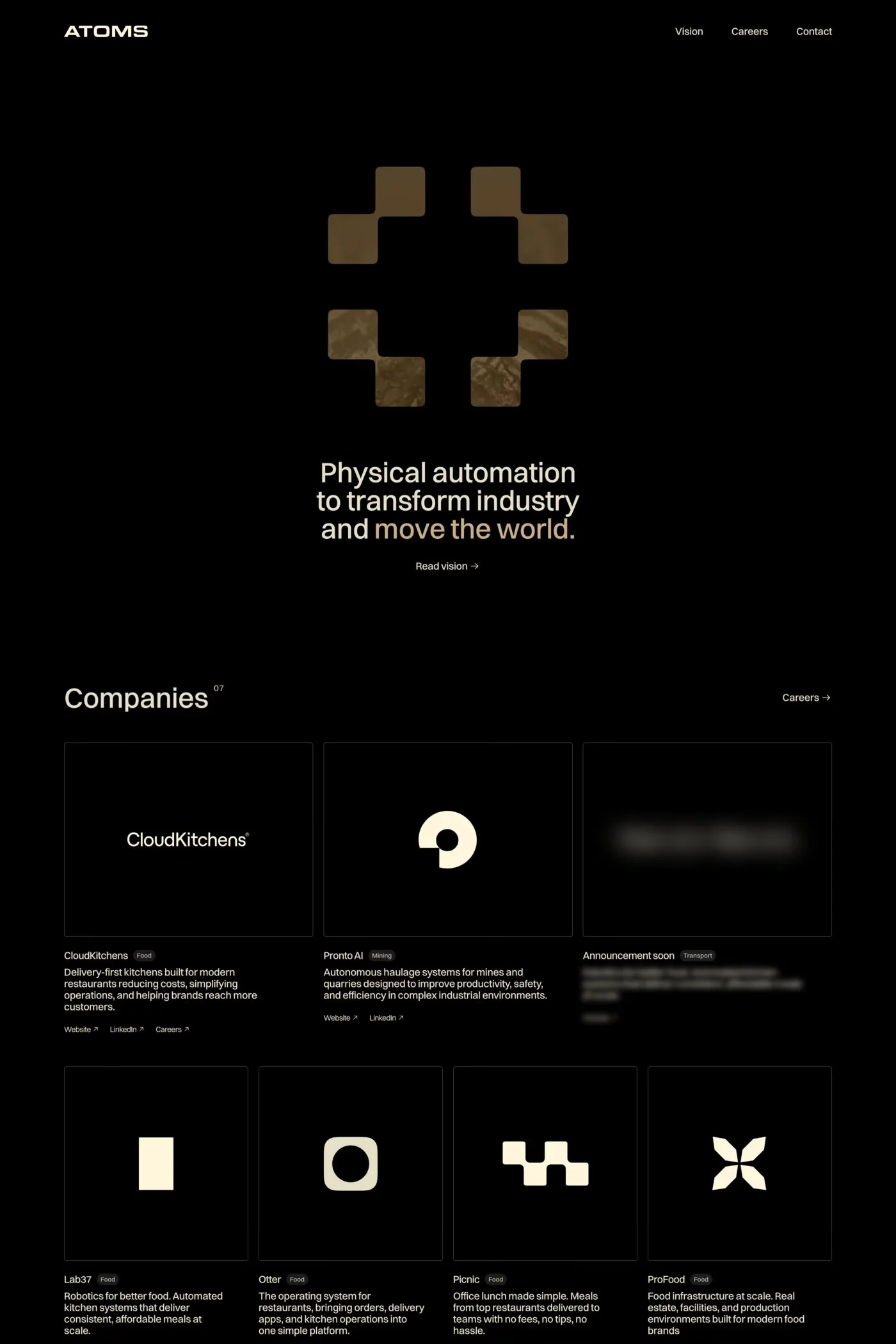 Atoms — screenshot of a dark, typographic hardware landing page in black and cream
