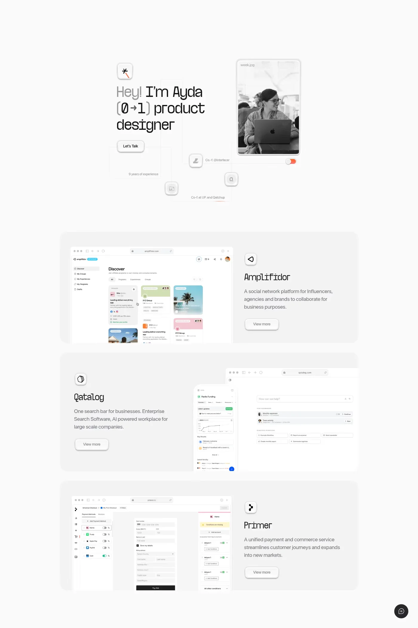 Ayda Oz — screenshot of a light, clean design portfolio site in light grey and orange