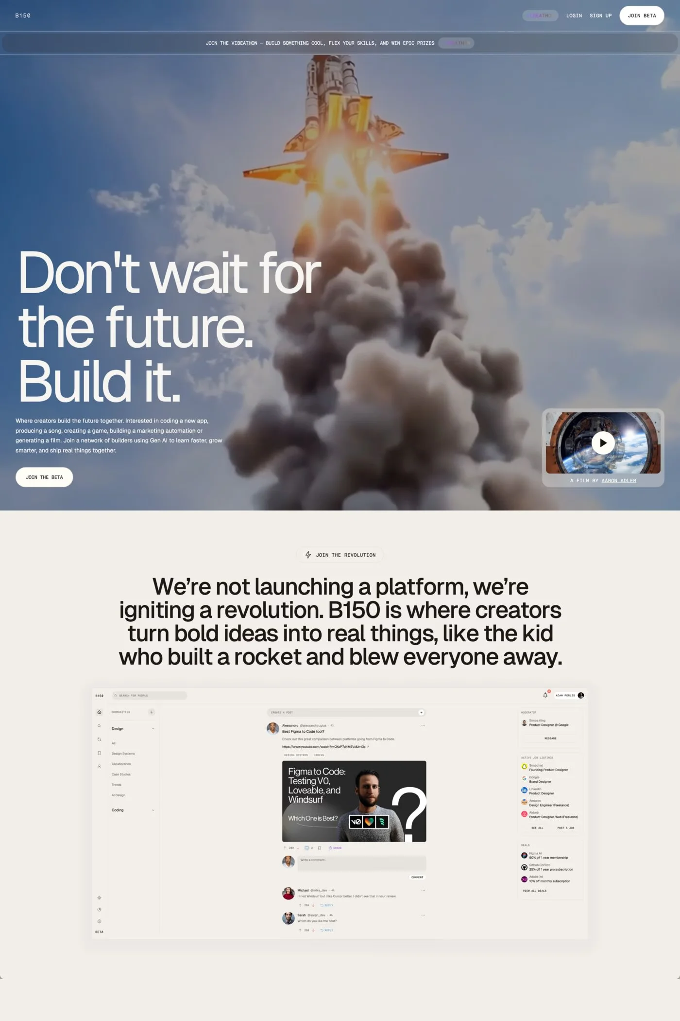 B150 — screenshot of a social waitlist page in light grey and grey, with sans-serif type and big type
