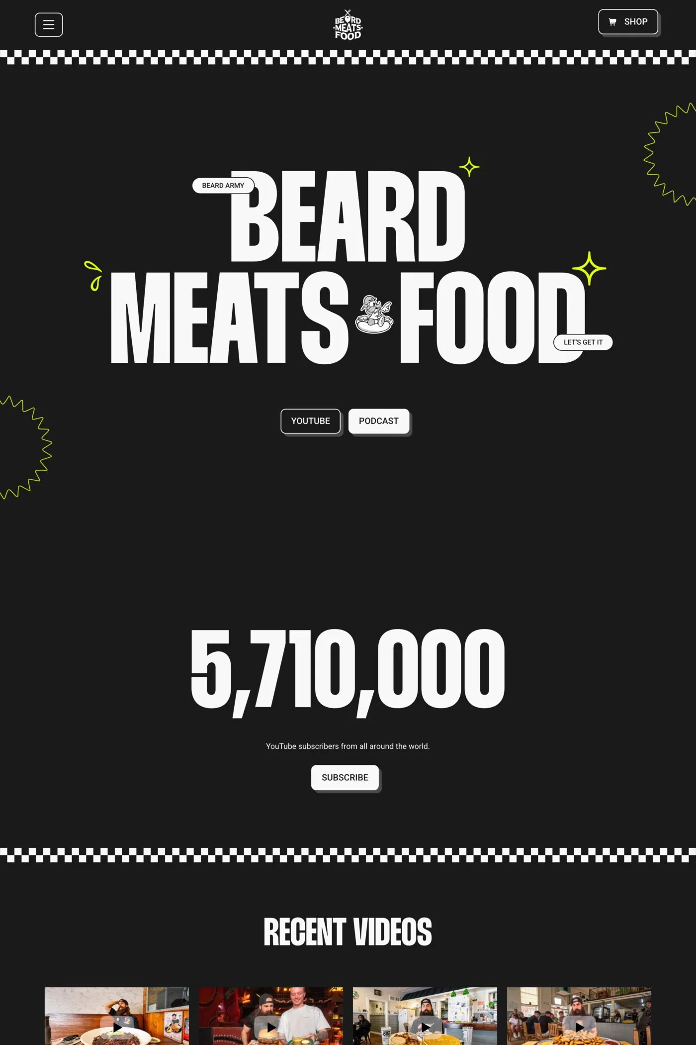 Beard Meats Food — screenshot of a colourful, fun food and drink blog in white and light grey