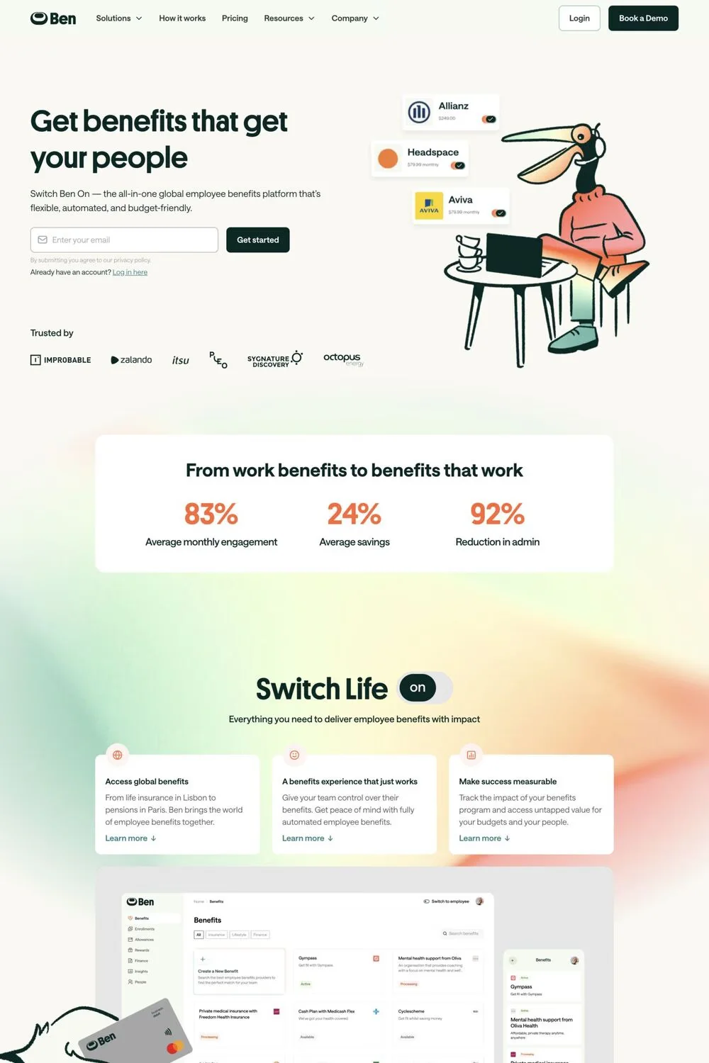 Ben — screenshot of a multi-coloured human resources landing page in beige and white