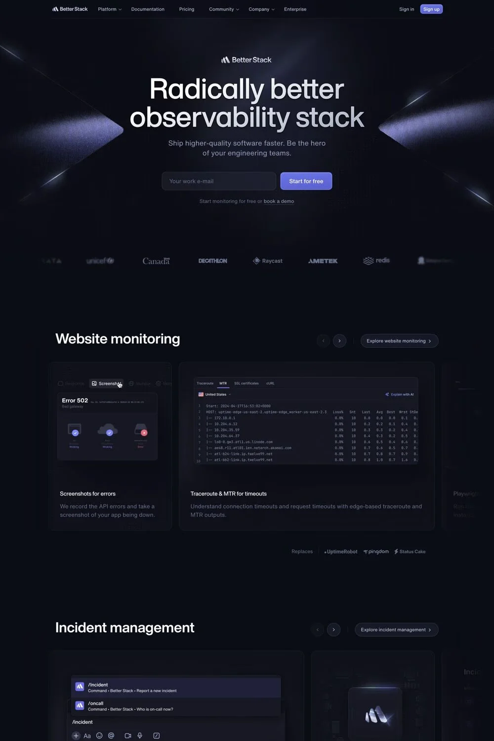 Better Stack — screenshot of a detailed, monochrome development landing page in black and dark blue