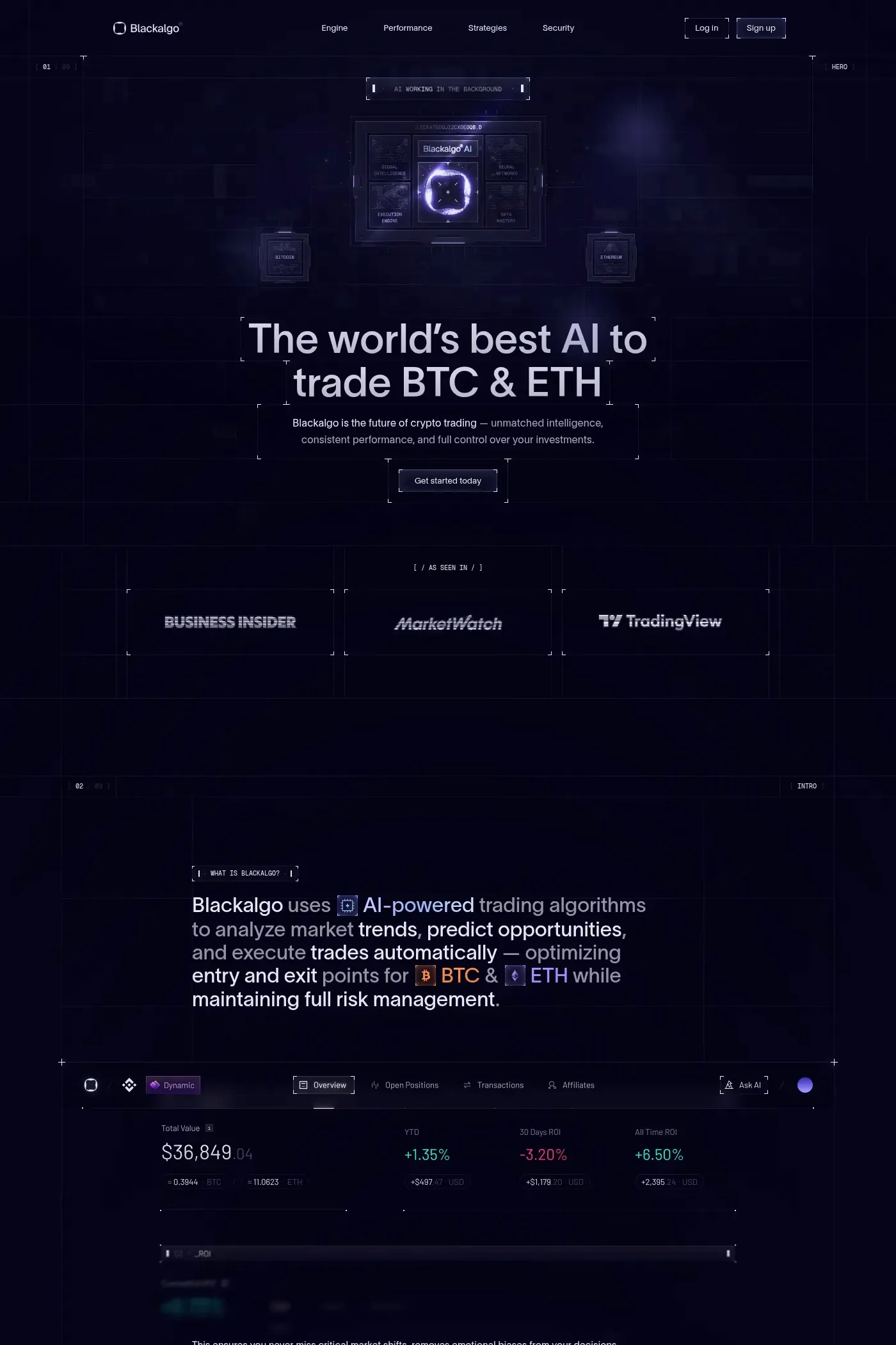 Blackalgo — screenshot of a detailed, techy Web3 and crypto landing page in dark purple