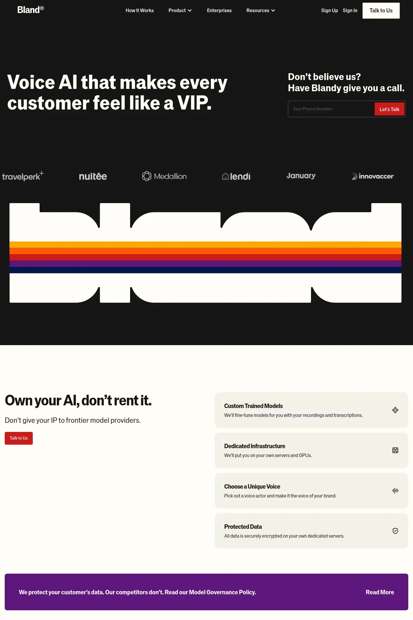 Bland AI — screenshot of a dark, colourful AI landing page in black and red