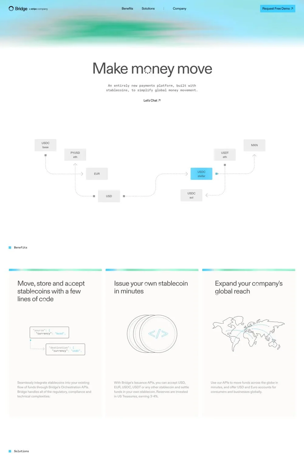 Bridge — screenshot of a techy Web3 and crypto landing page in white and light blue