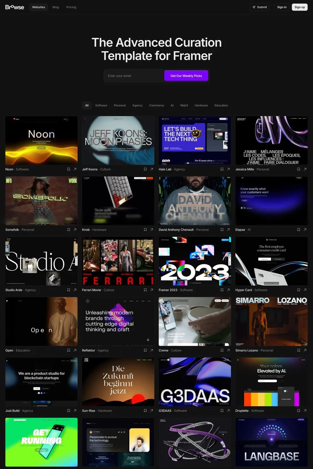 Browse — screenshot of a dark, light design directory template in black and white