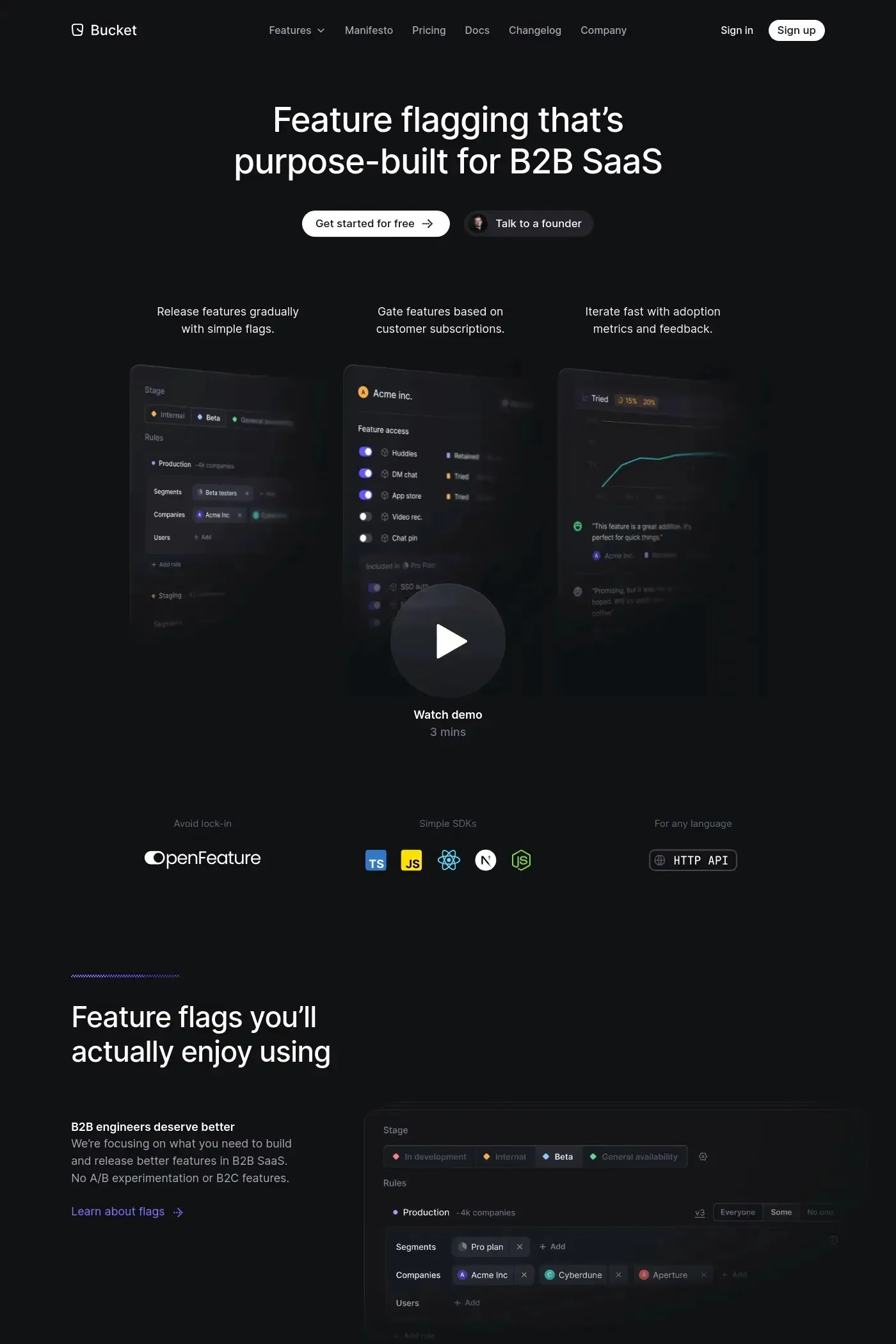 Bucket — screenshot of an isometric, pixelated development landing page in black and blue