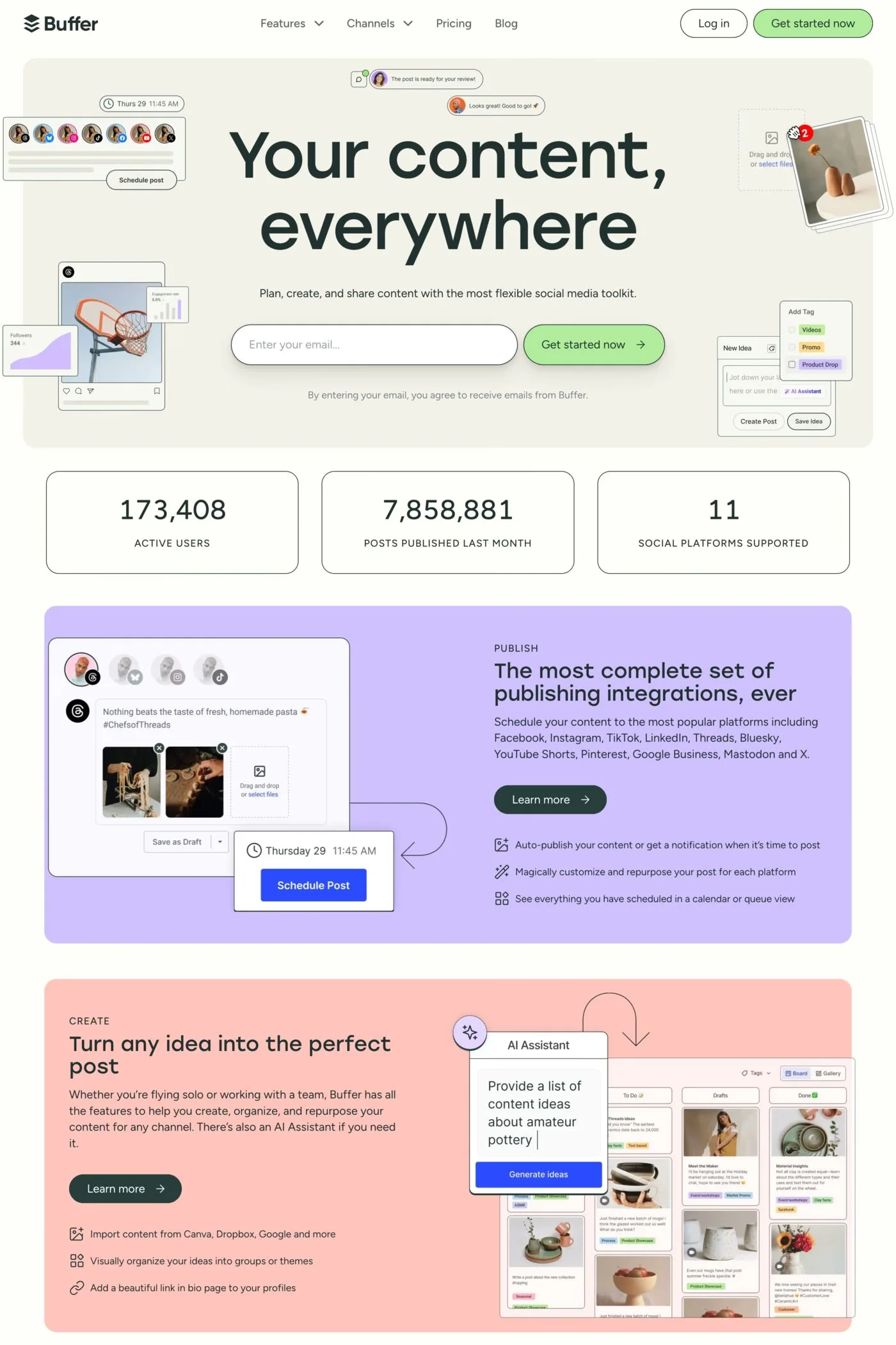 Buffer — screenshot of a pastel software landing page in beige and light green