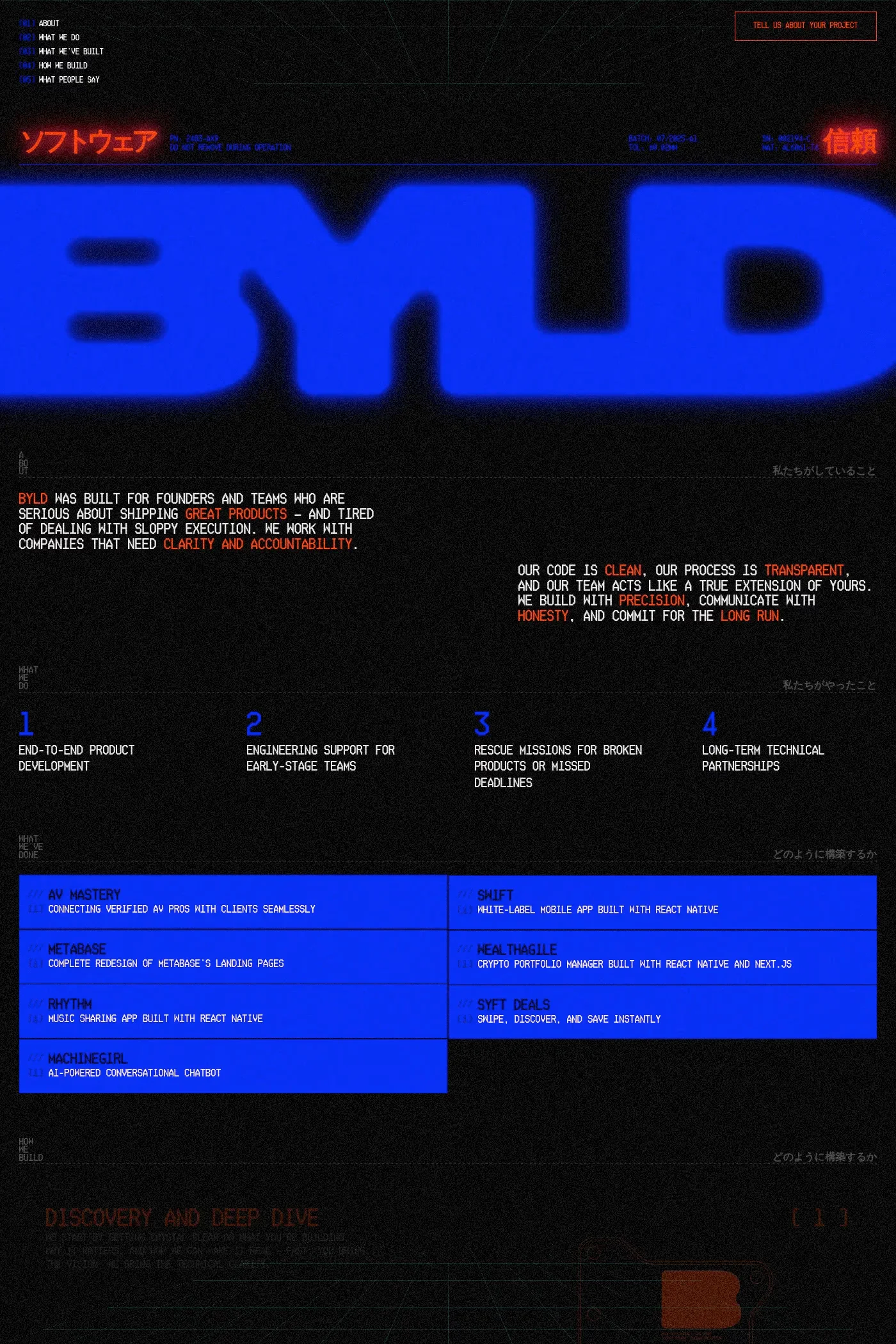 Byld — screenshot of a noisy, dark development agency site in black and blue