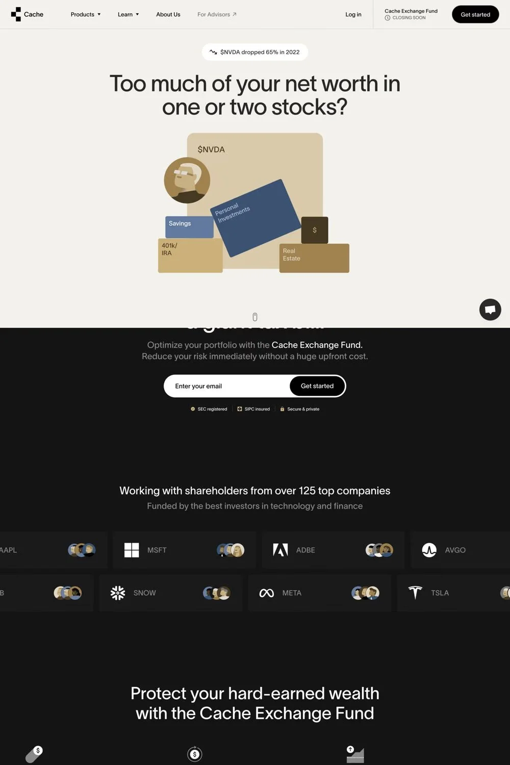 Cache — screenshot of a neutral finance landing page in grey and black