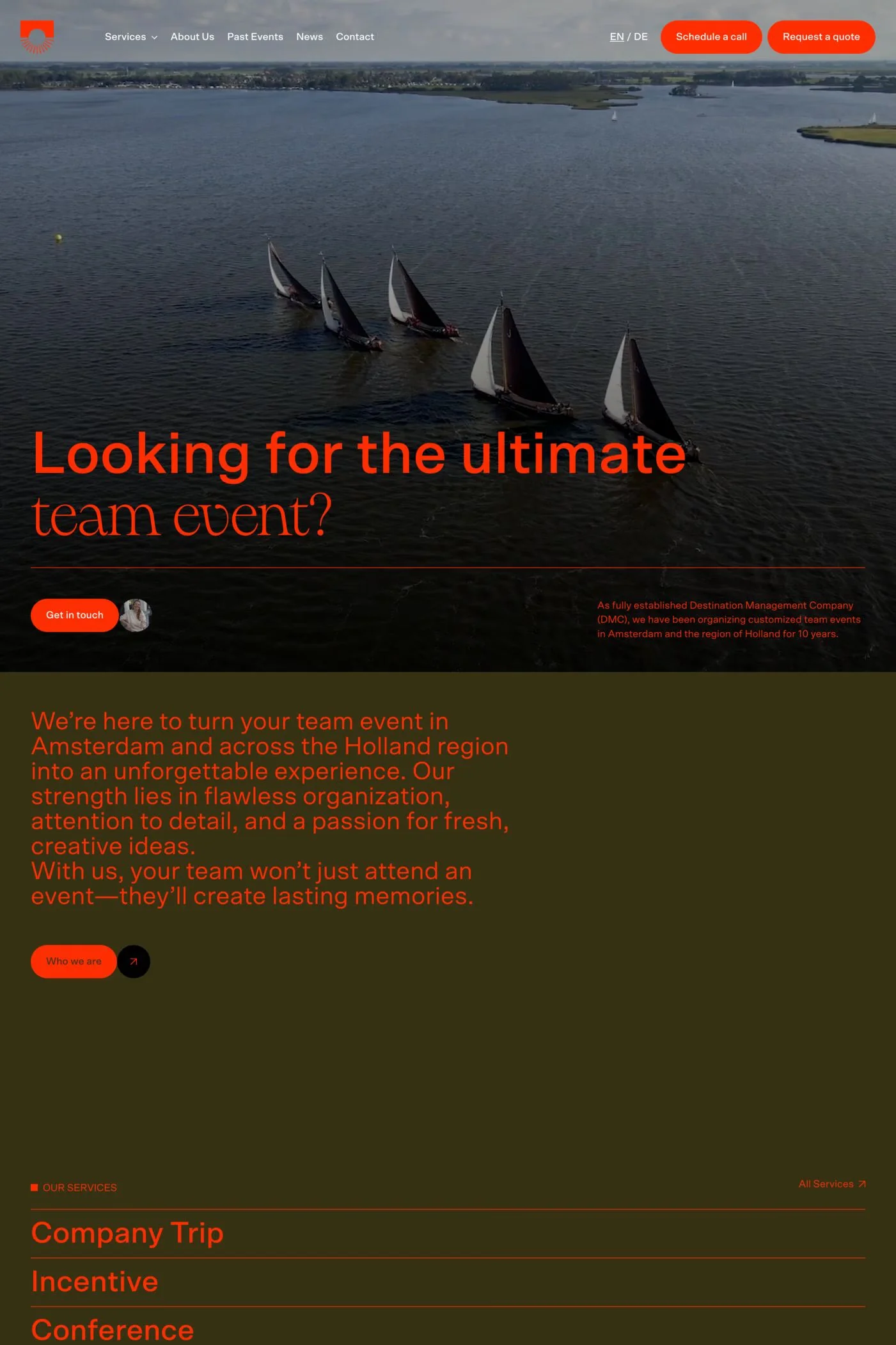 Canals and Windmills — screenshot of a colourful events landing page in dark green and orange