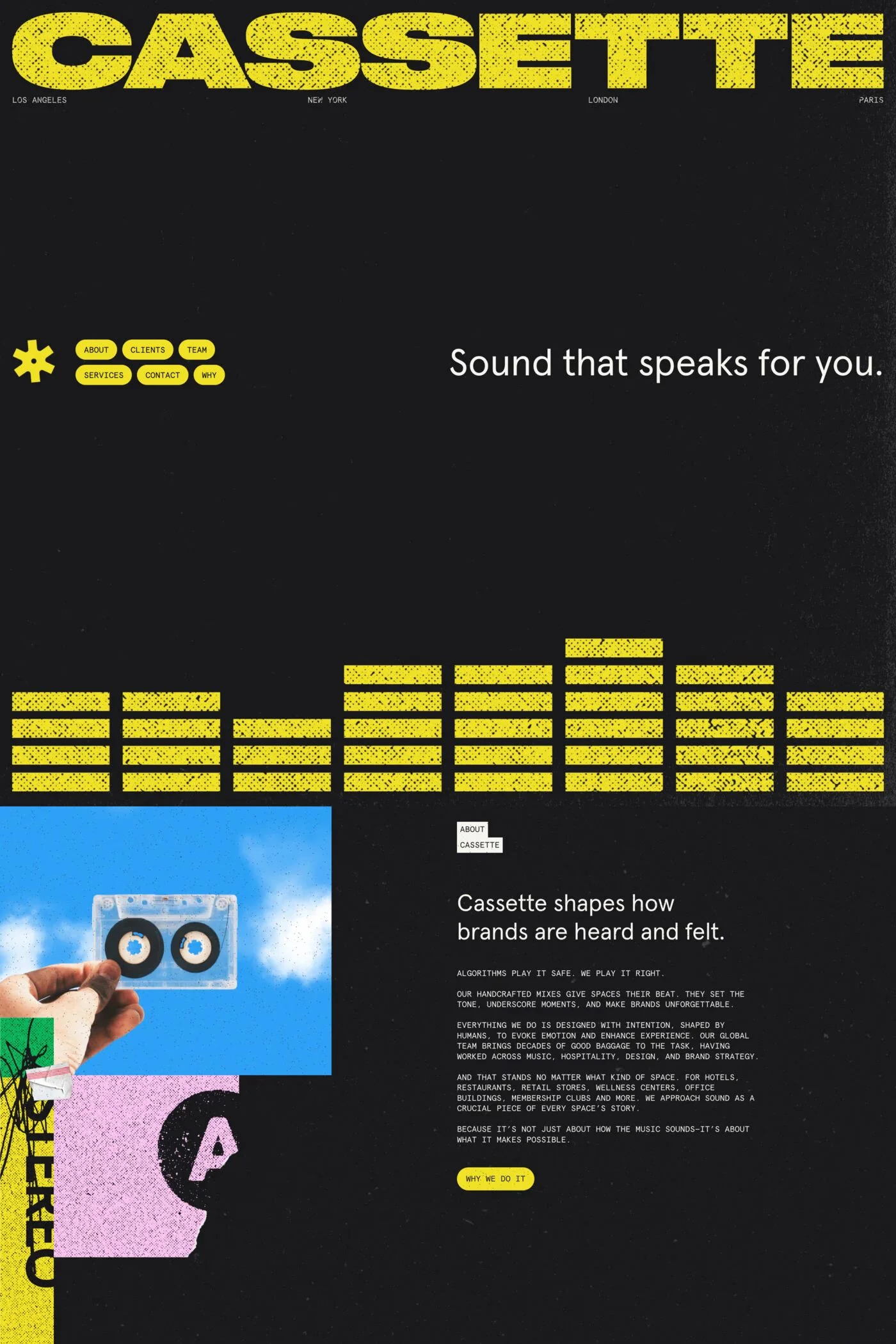 CASSETTE — screenshot of a grunge music agency site in black and yellow