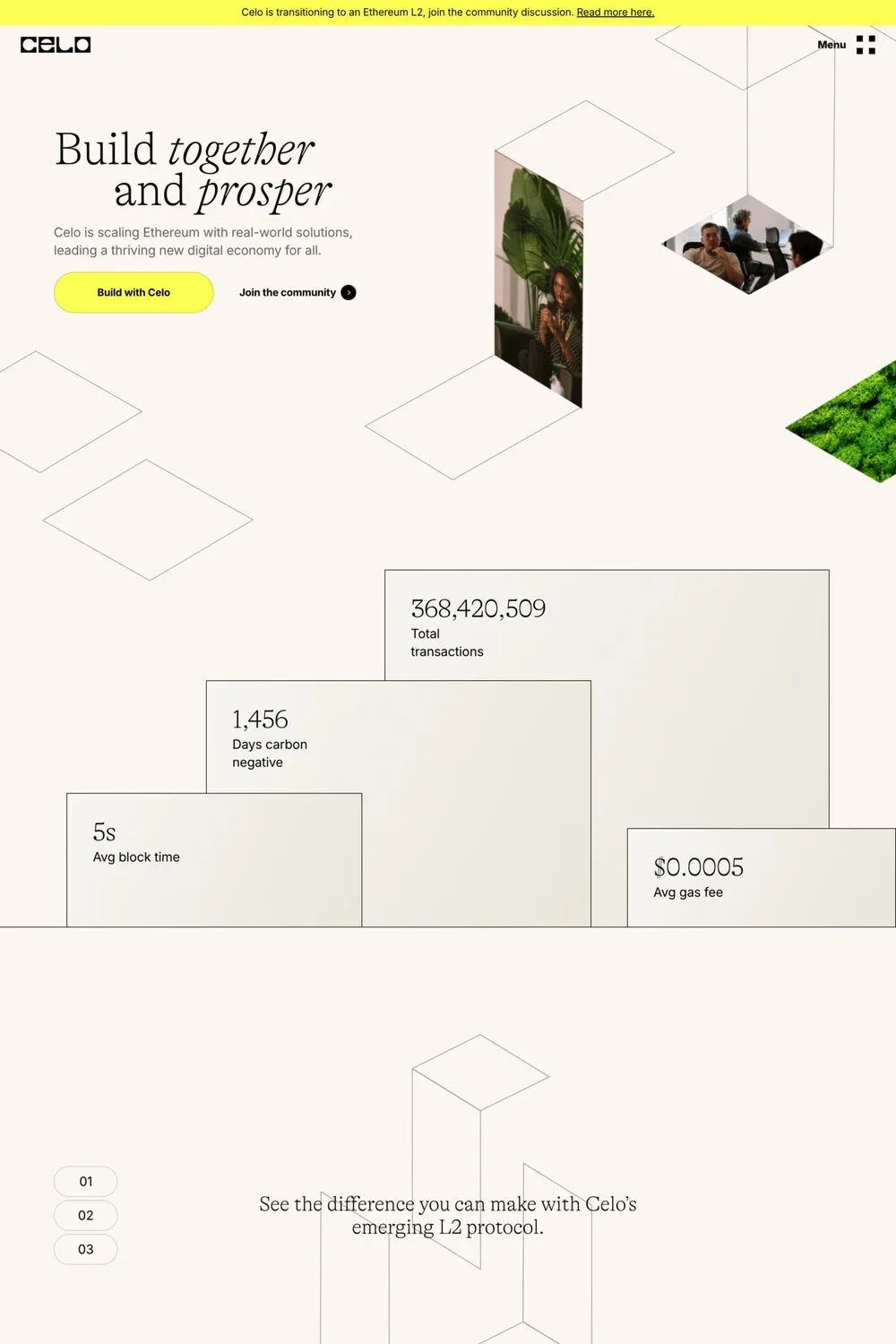 Celo — screenshot of an isometric Web3 and crypto landing page in grey and yellow