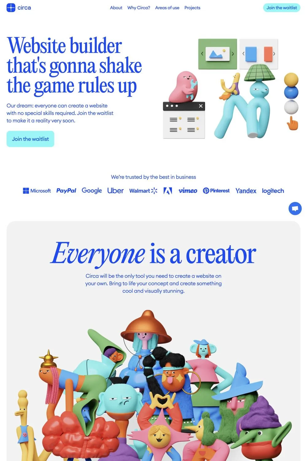 Circa — screenshot of a 3D, colourful software landing page in blue and white