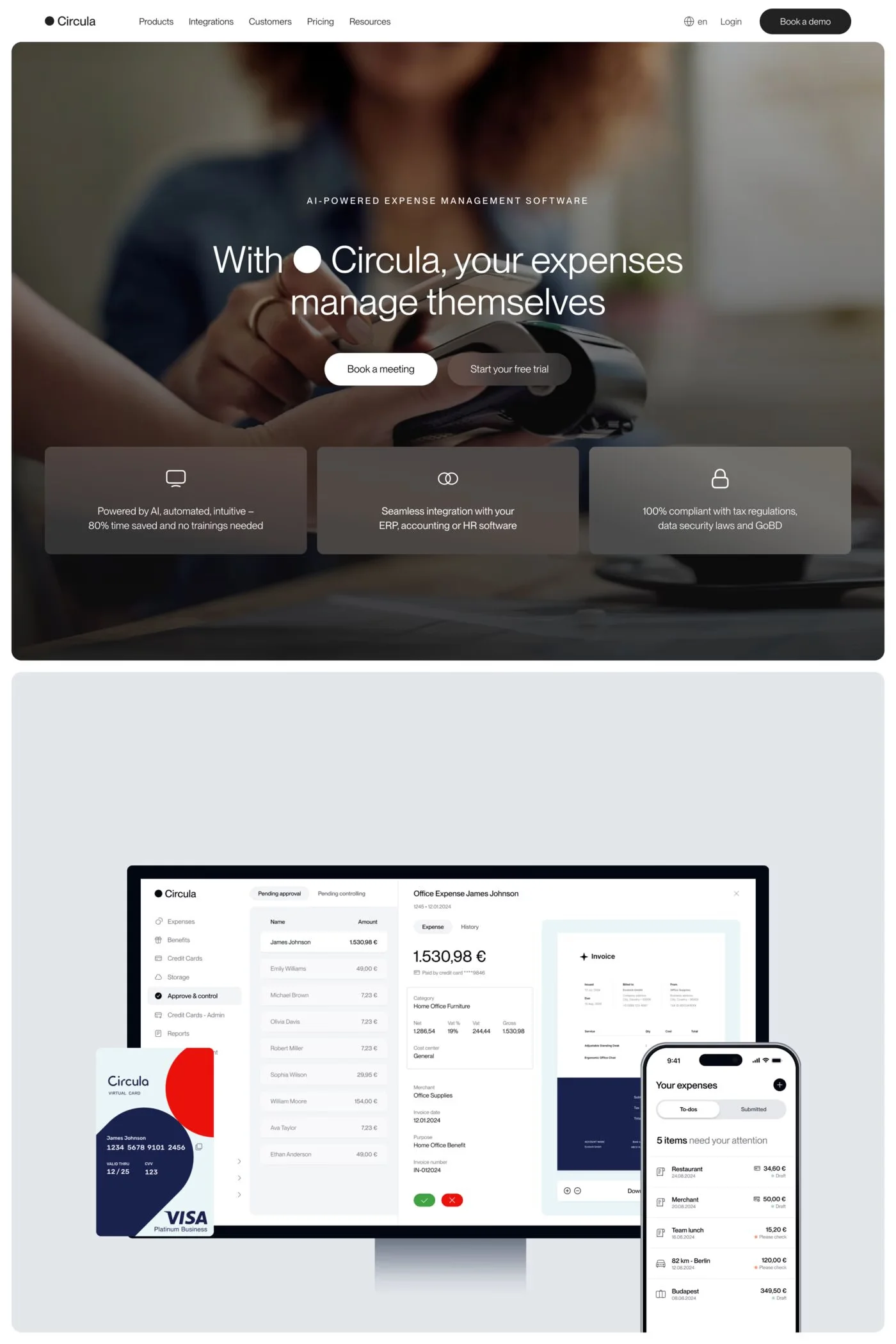 Circula — screenshot of a minimal finance landing page in white and grey