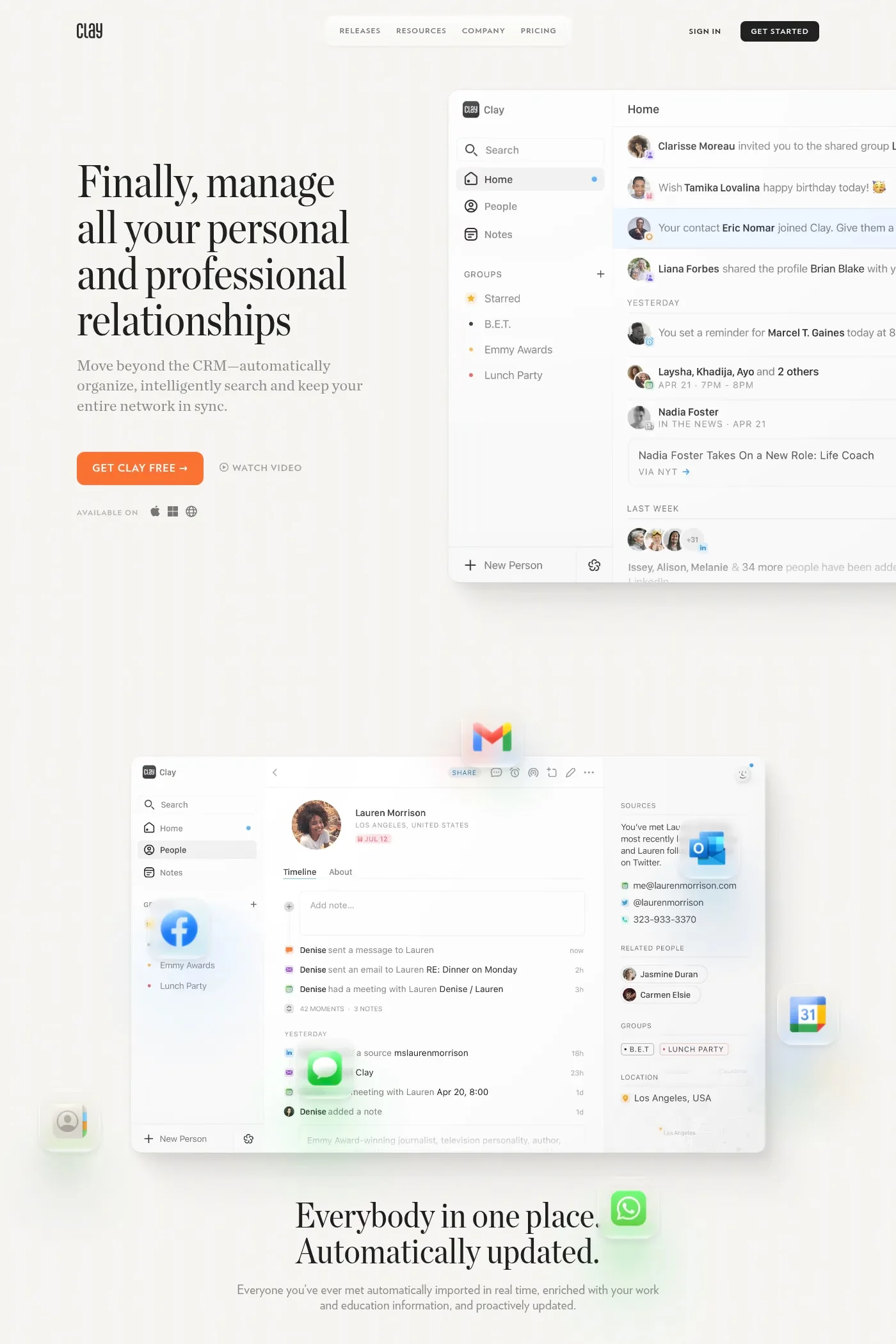 Clay — screenshot of a light productivity landing page in white and orange