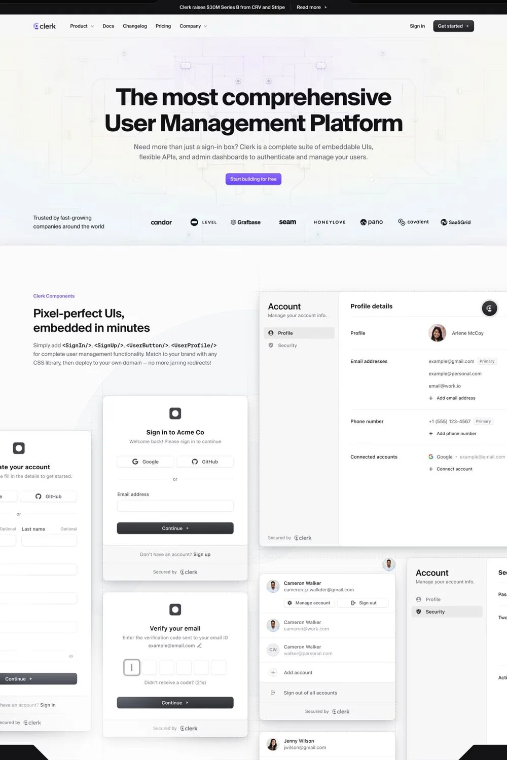 Clerk — screenshot of a clean, detailed development landing page in white and grey