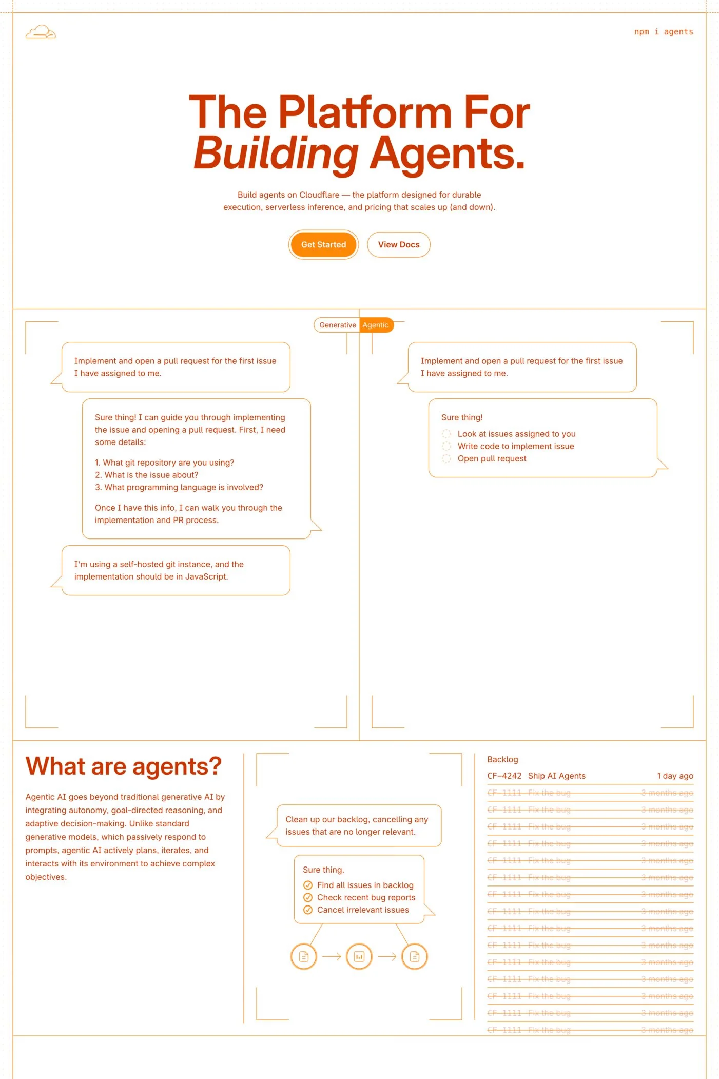 Cloudflare Agents — screenshot of a development landing page in red and orange, with line work and outlined shapes