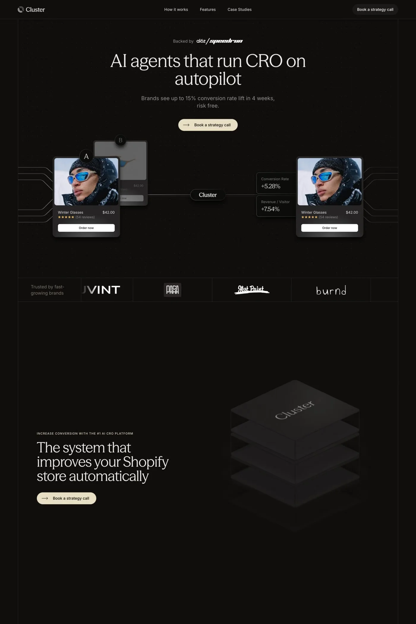 Cluster — screenshot of an elegant, isometric AI landing page in cream and black