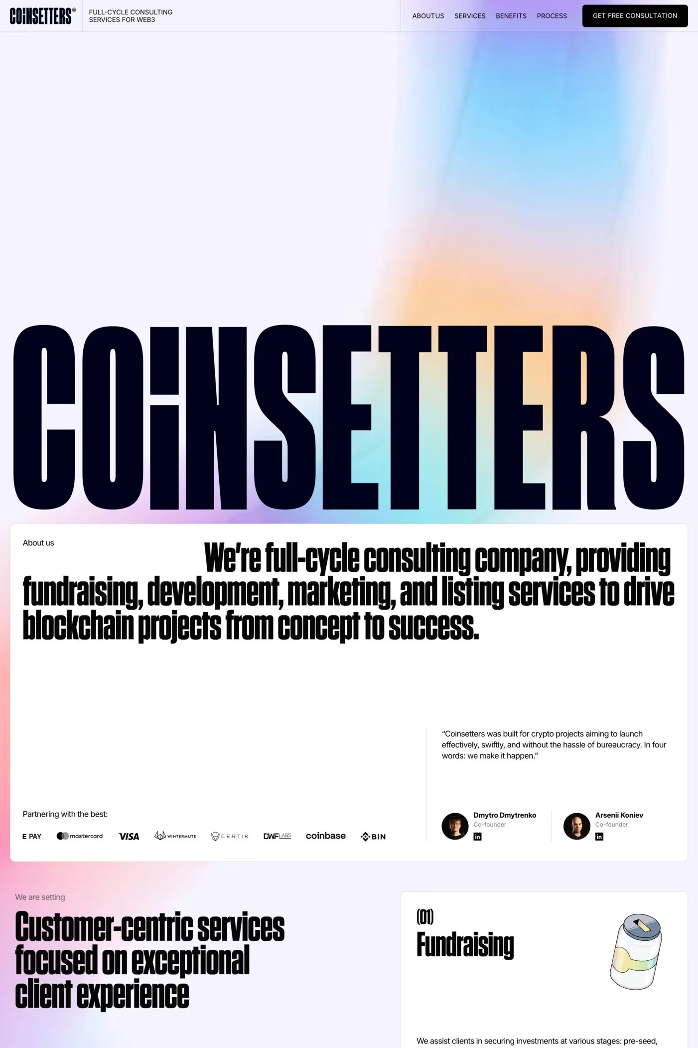 Coinsetters — screenshot of a development agency site in light purple and white, with blurred gradients and display type