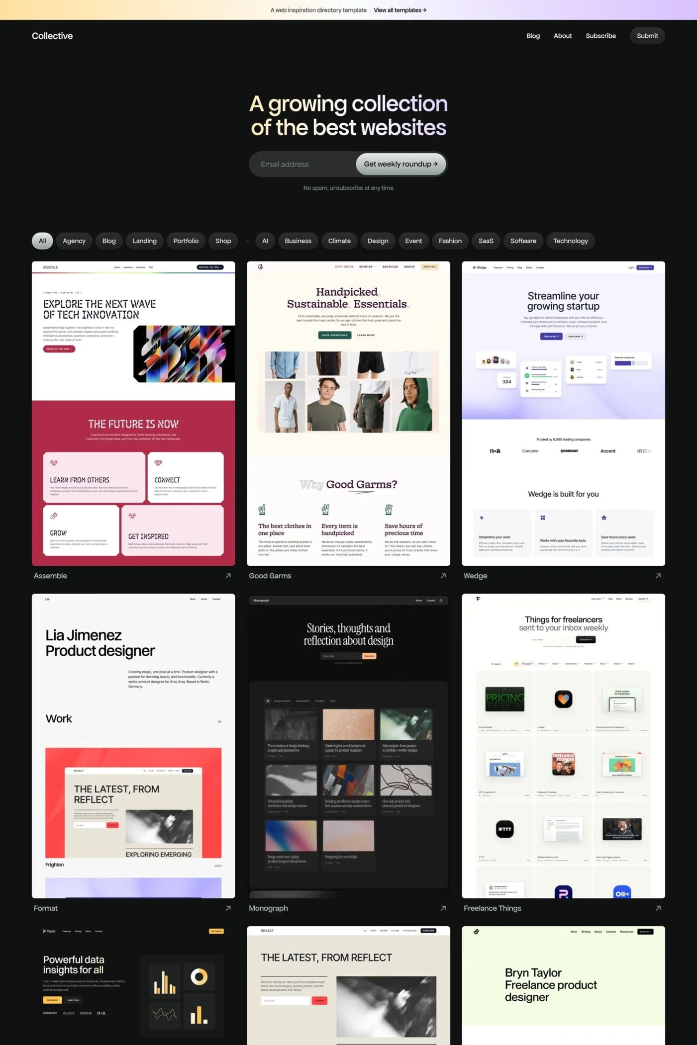 Collective — screenshot of a minimal, dark design directory template in black and light orange