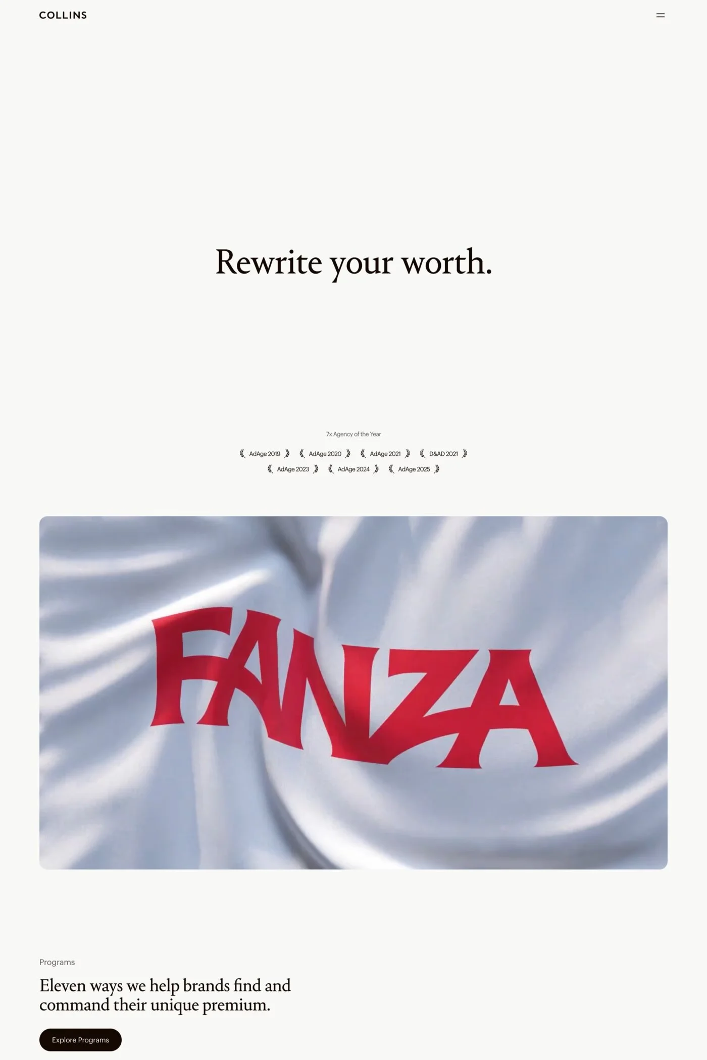 COLLINS — screenshot of a typographic, editorial design agency site in white and black