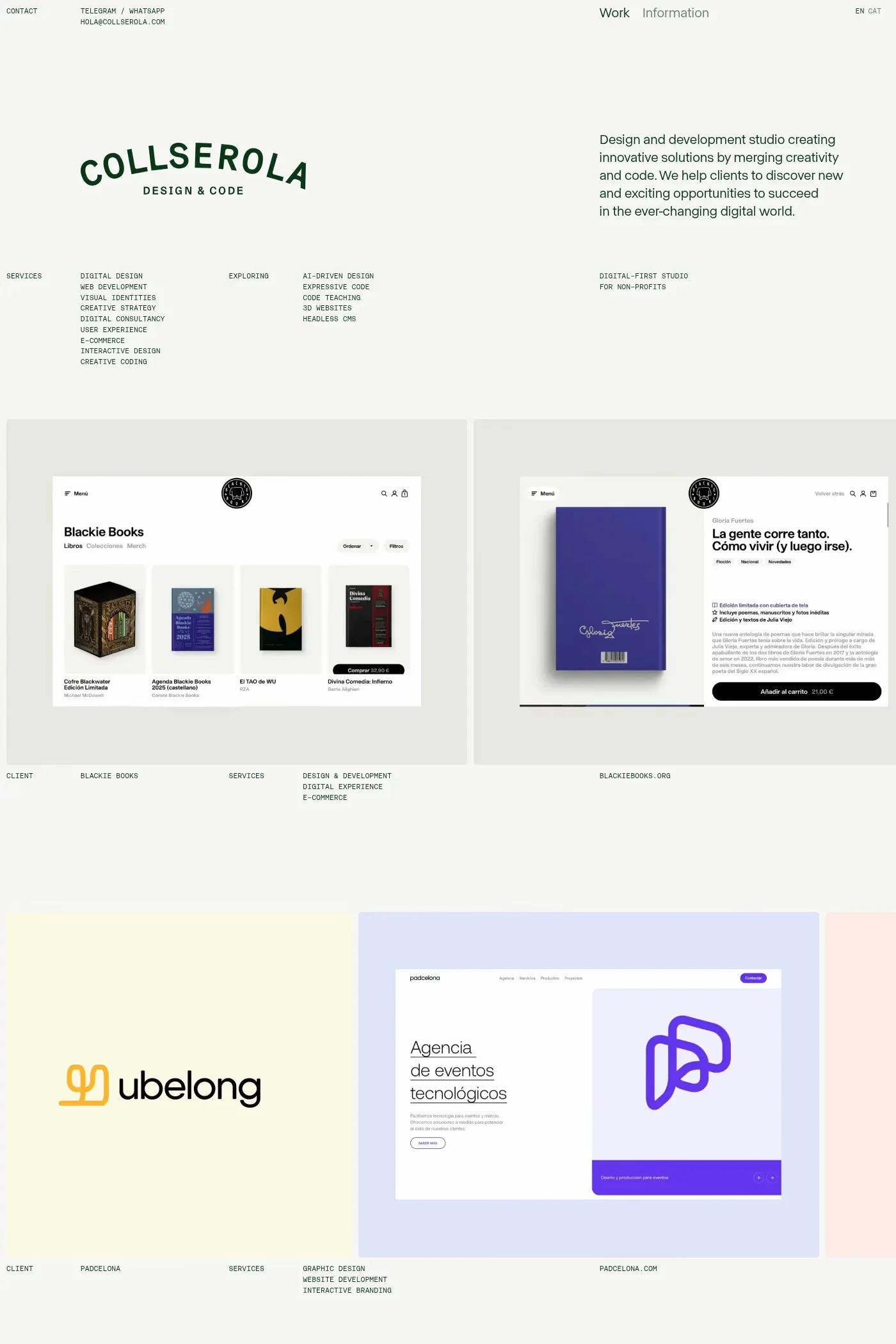 Collserola — screenshot of a typographic, minimal design agency site in dark green and light grey