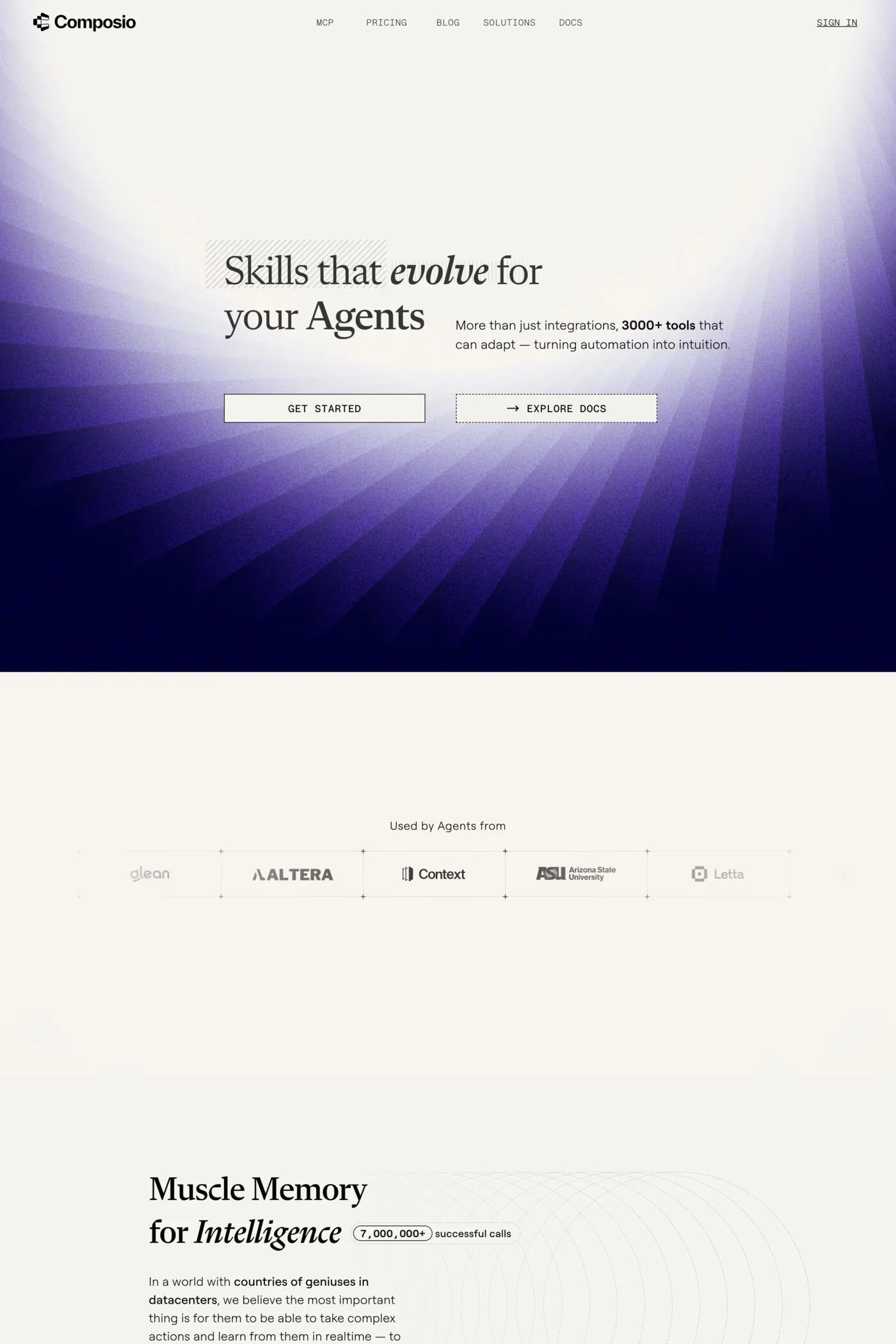 Composio — screenshot of a pixelated AI landing page in purple and light grey