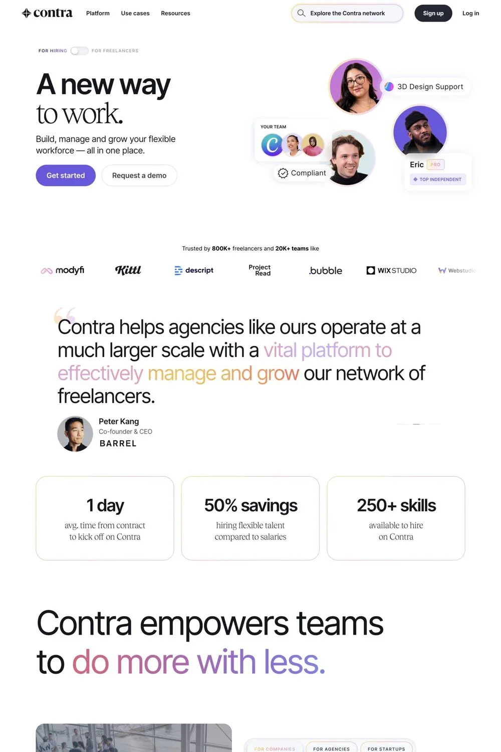 Contra — screenshot of a 3D software landing page in white and purple
