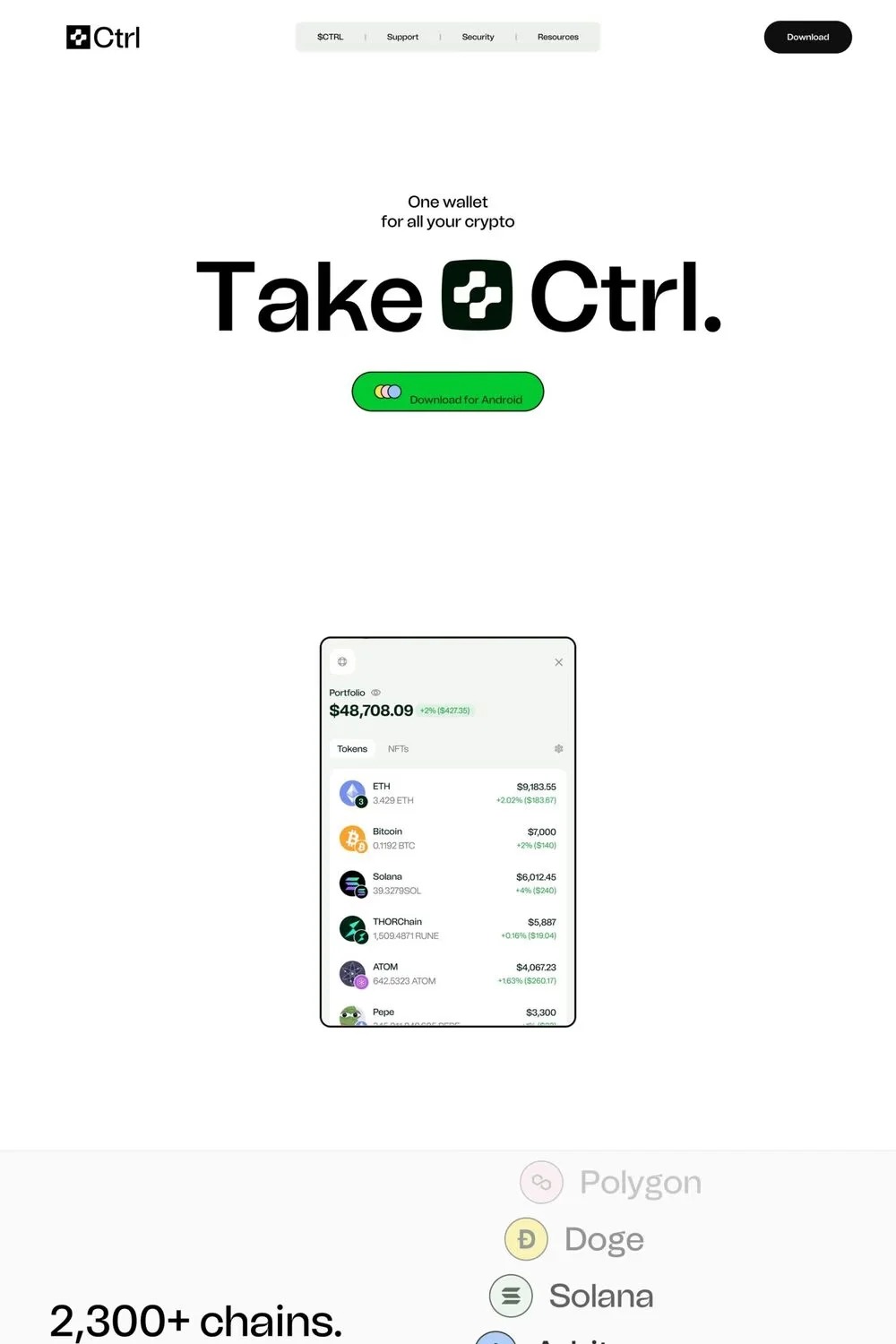 Ctrl — screenshot of a colourful, fun Web3 and crypto landing page in white and green