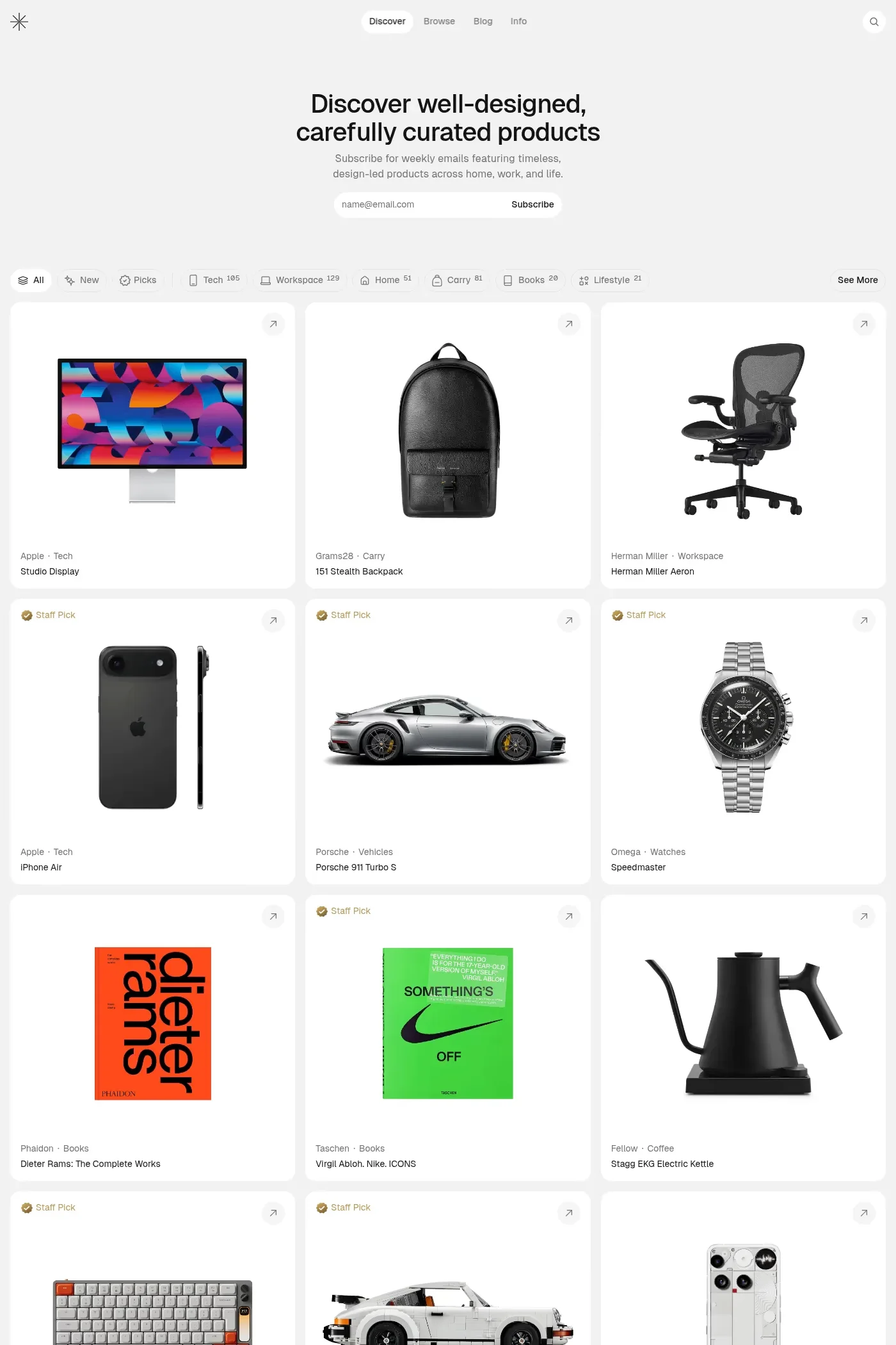 Curated Supply — screenshot of a minimal design directory site in white and light grey