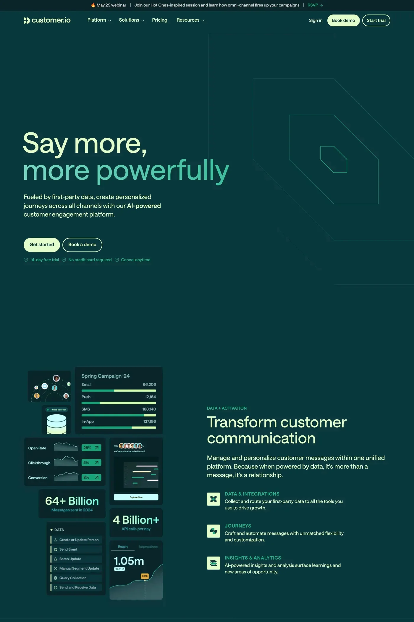 Customer.io — screenshot of an isometric, pastel data landing page in dark green and green