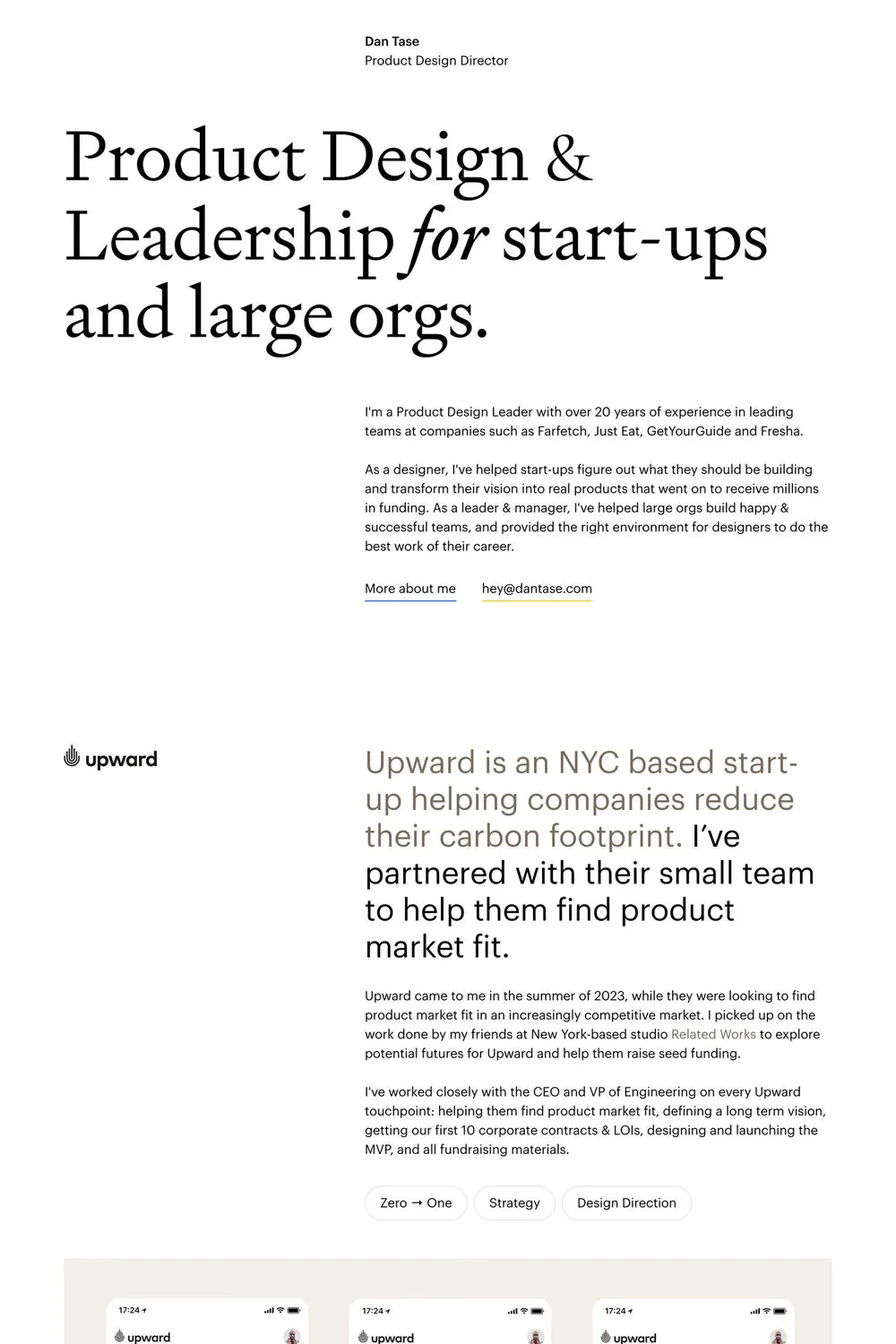 Dan Tase — screenshot of a minimal, clean design portfolio site in white and beige