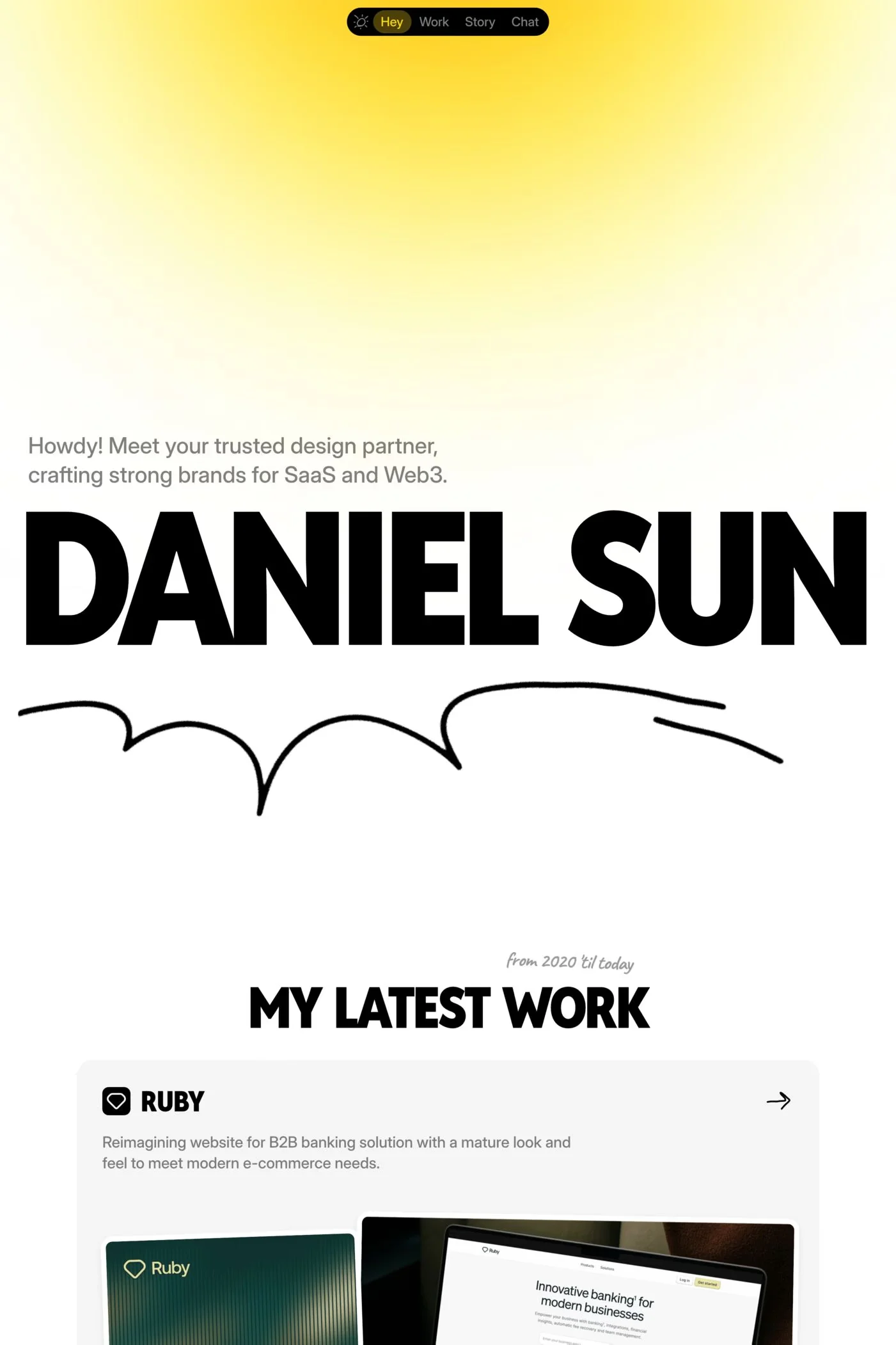 Daniel Sun — screenshot of a hand-drawn design portfolio site in yellow and white