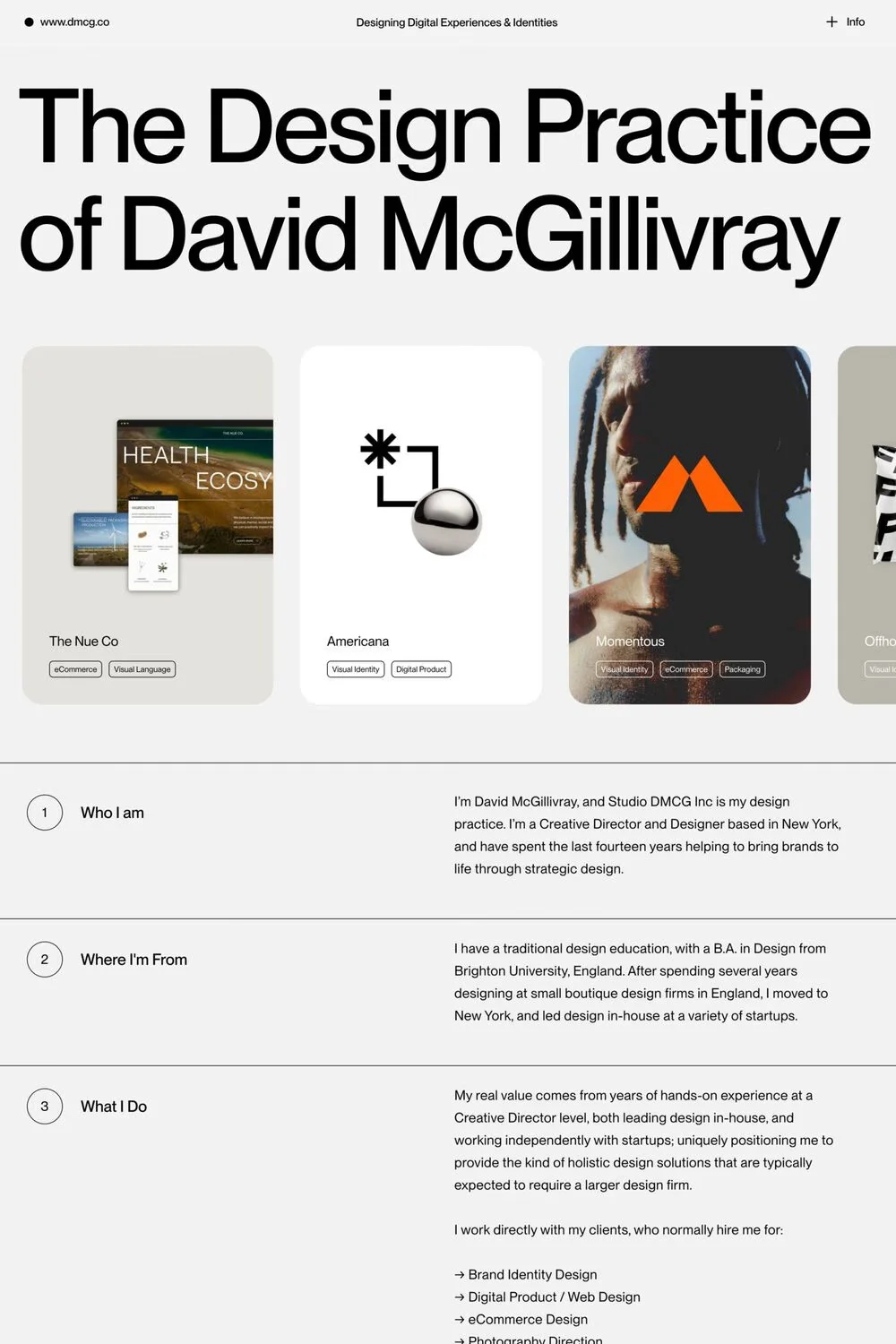 David McGillivray — screenshot of a design portfolio site in grey, with big type and line work