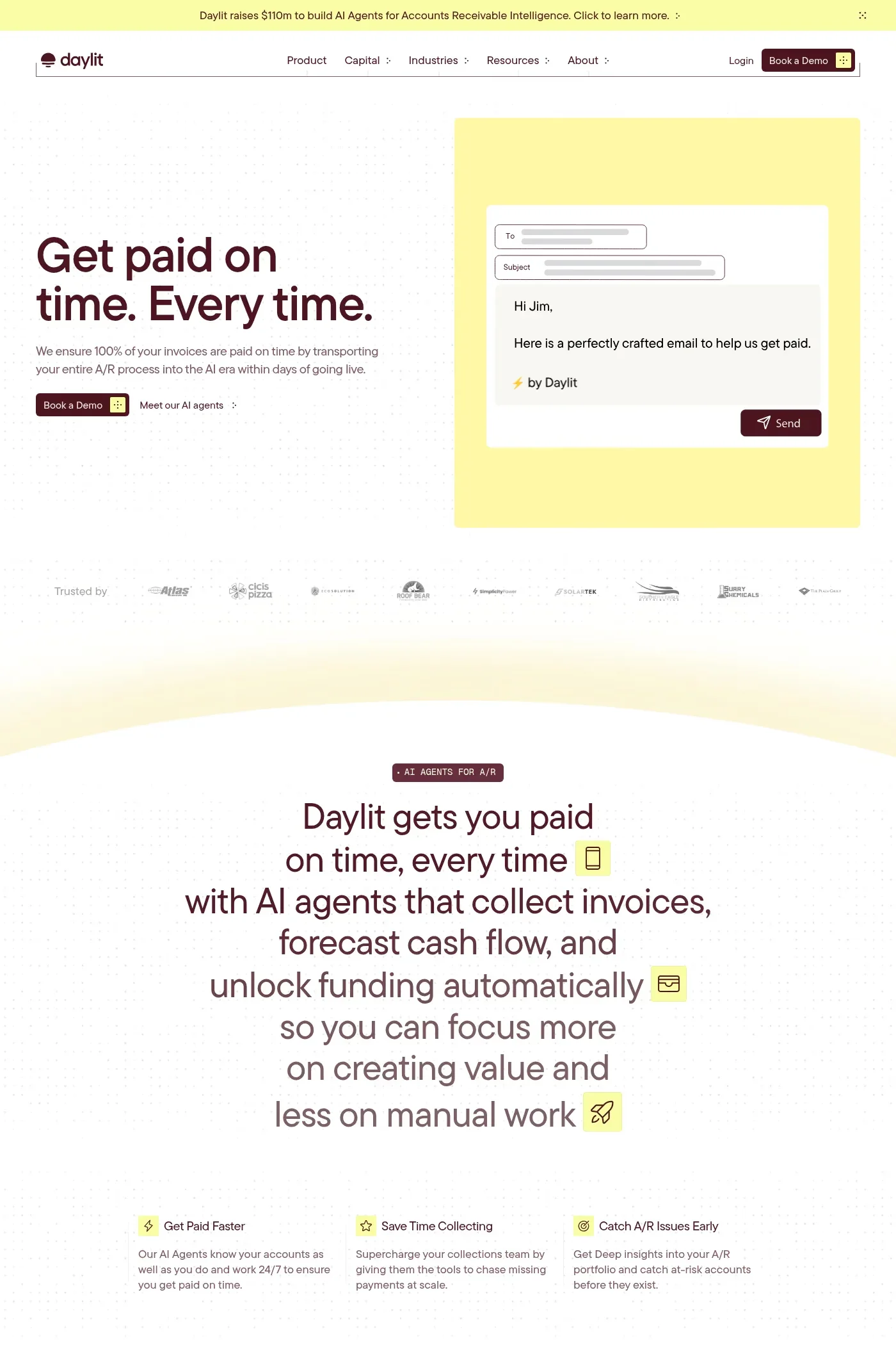 Daylit — screenshot of a light, pixelated finance landing page in white and light grey