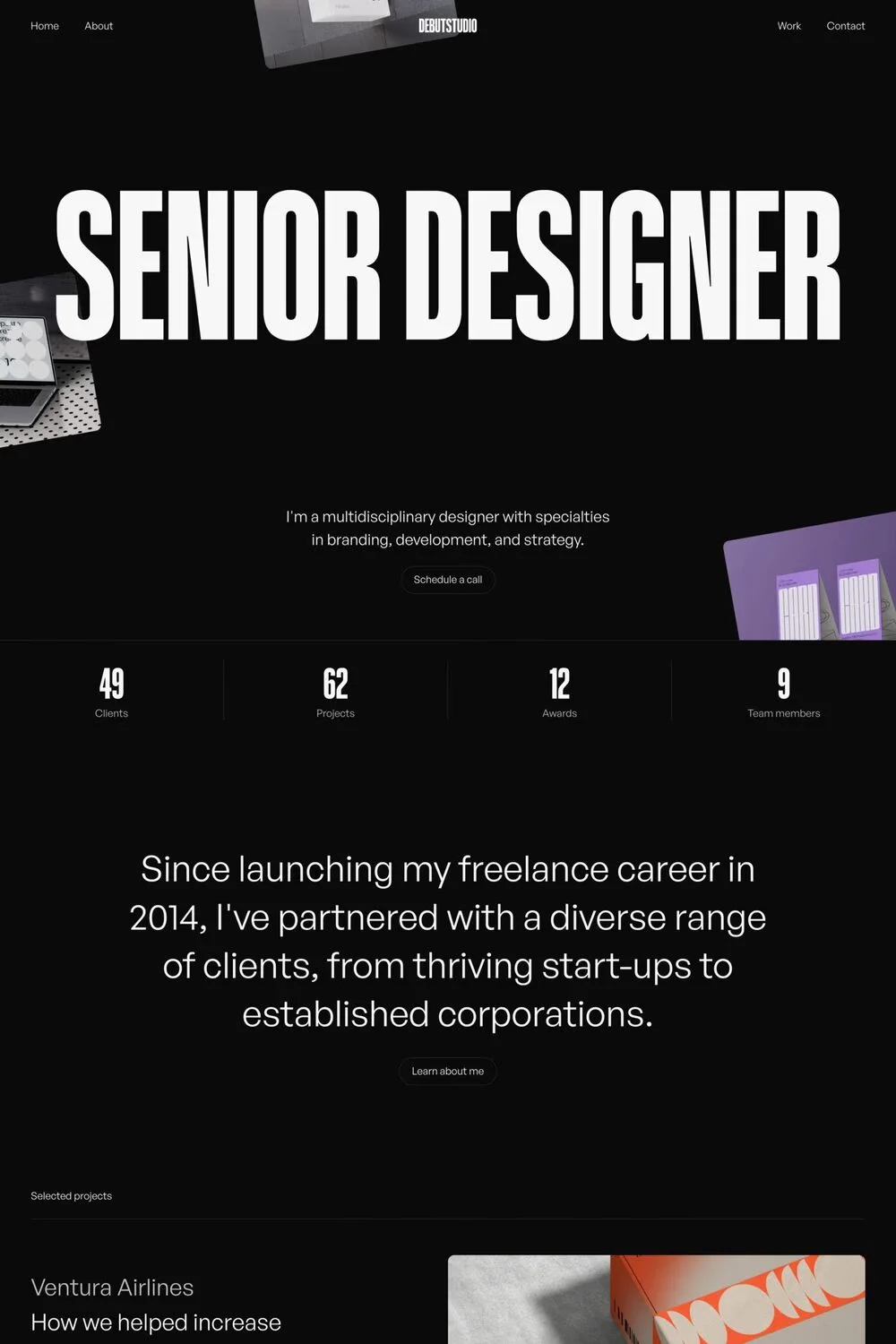 Debut Studio — screenshot of a dark design agency template in black