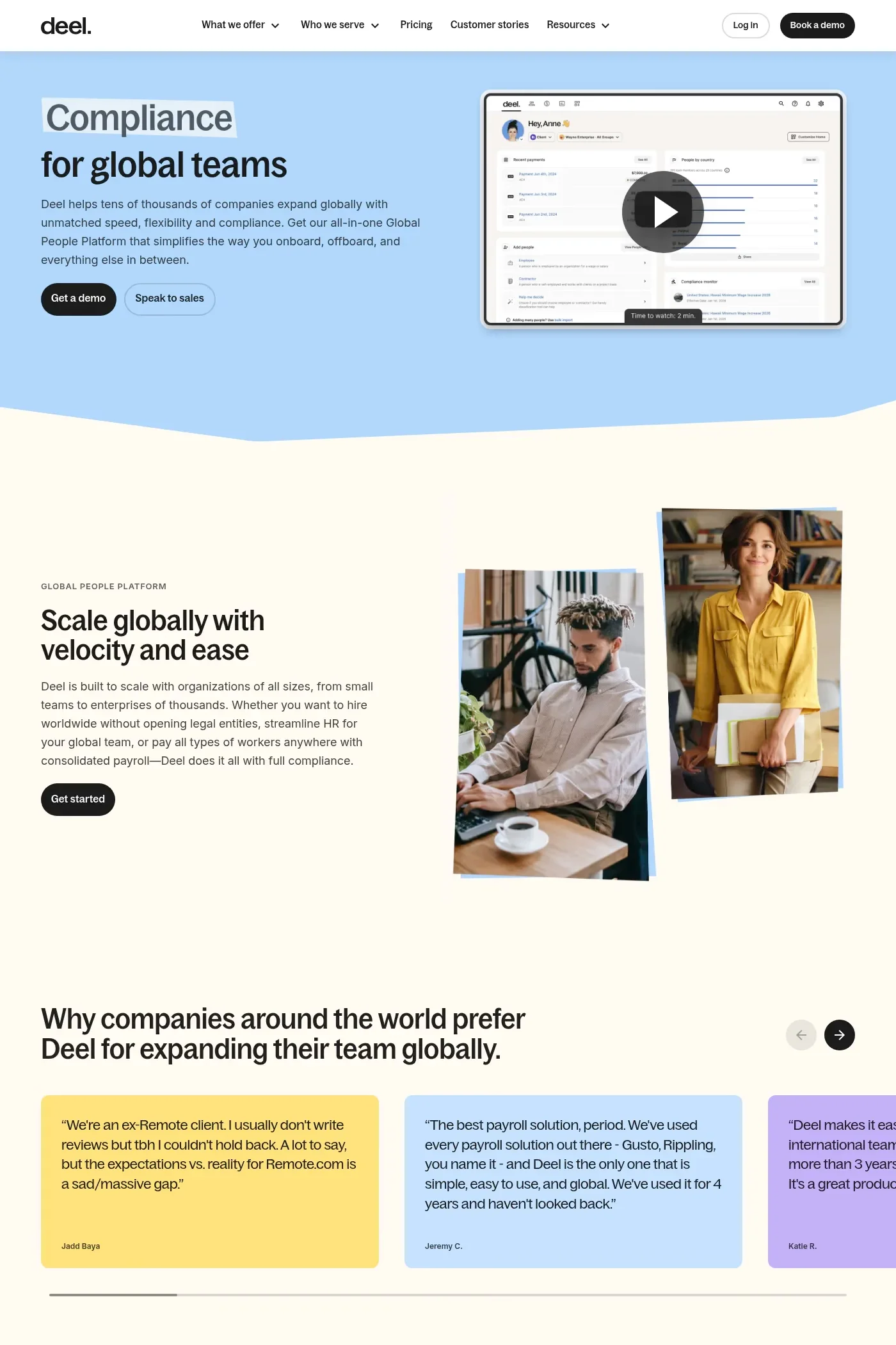 Deel — screenshot of a human resources landing page in light blue and dark blue, with sans-serif type and geometric shapes