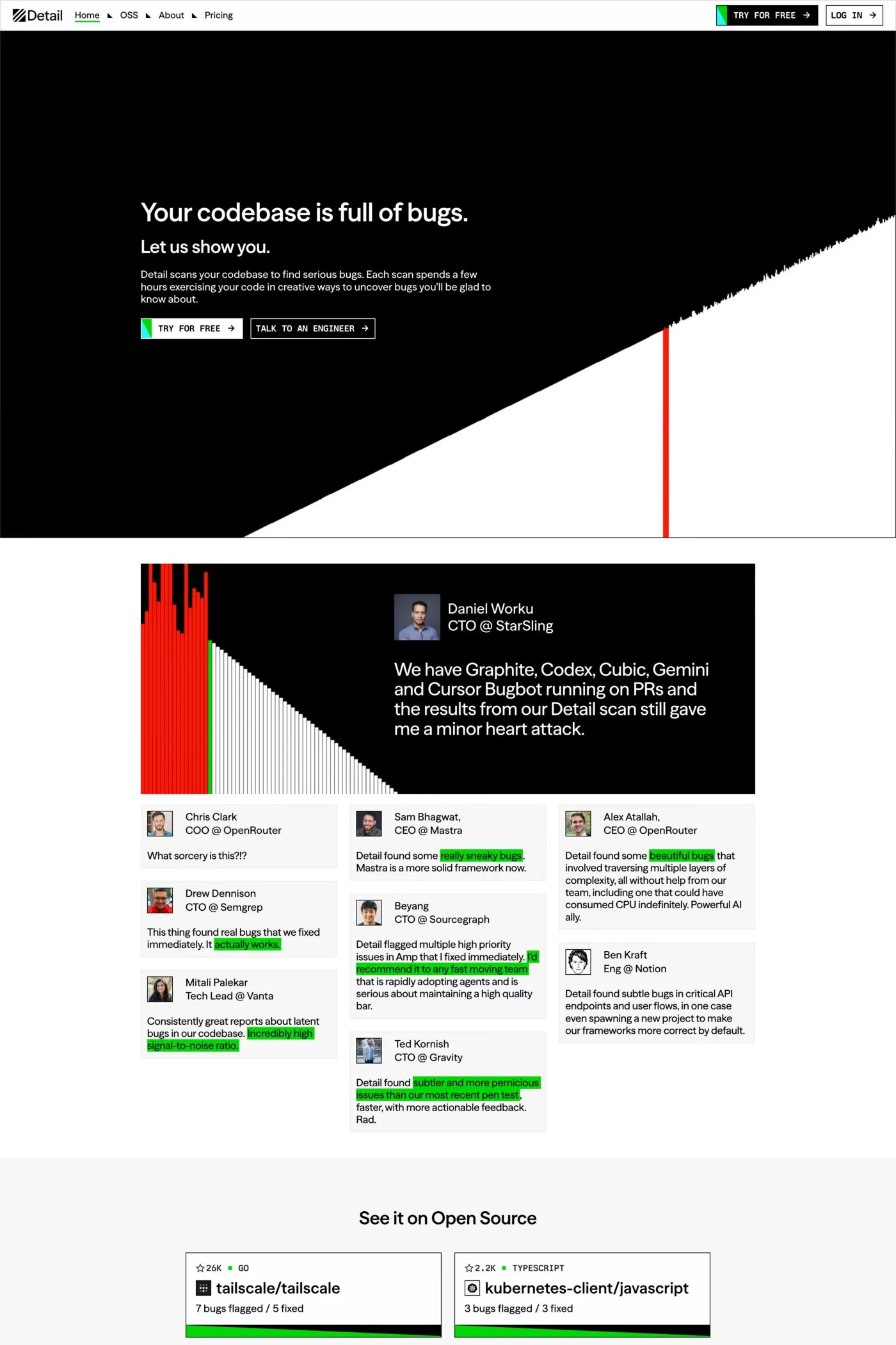 Detail — screenshot of a dark security landing page in black and white