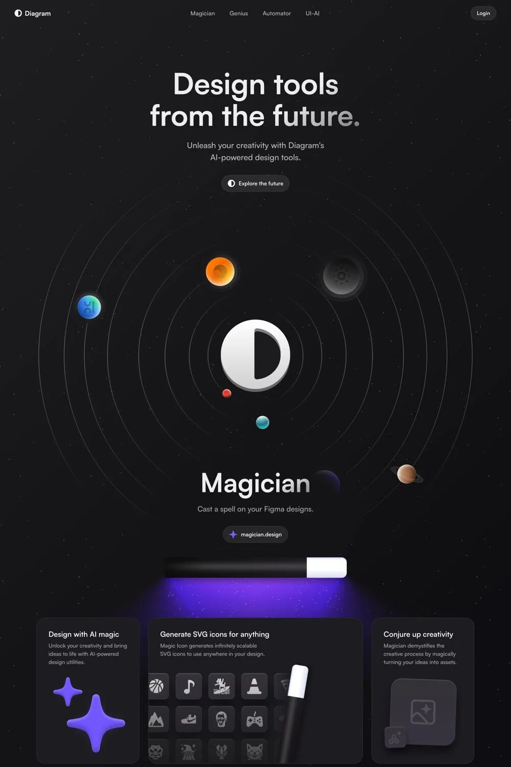 Diagram — screenshot of a dark, minimal design landing page in black and dark purple