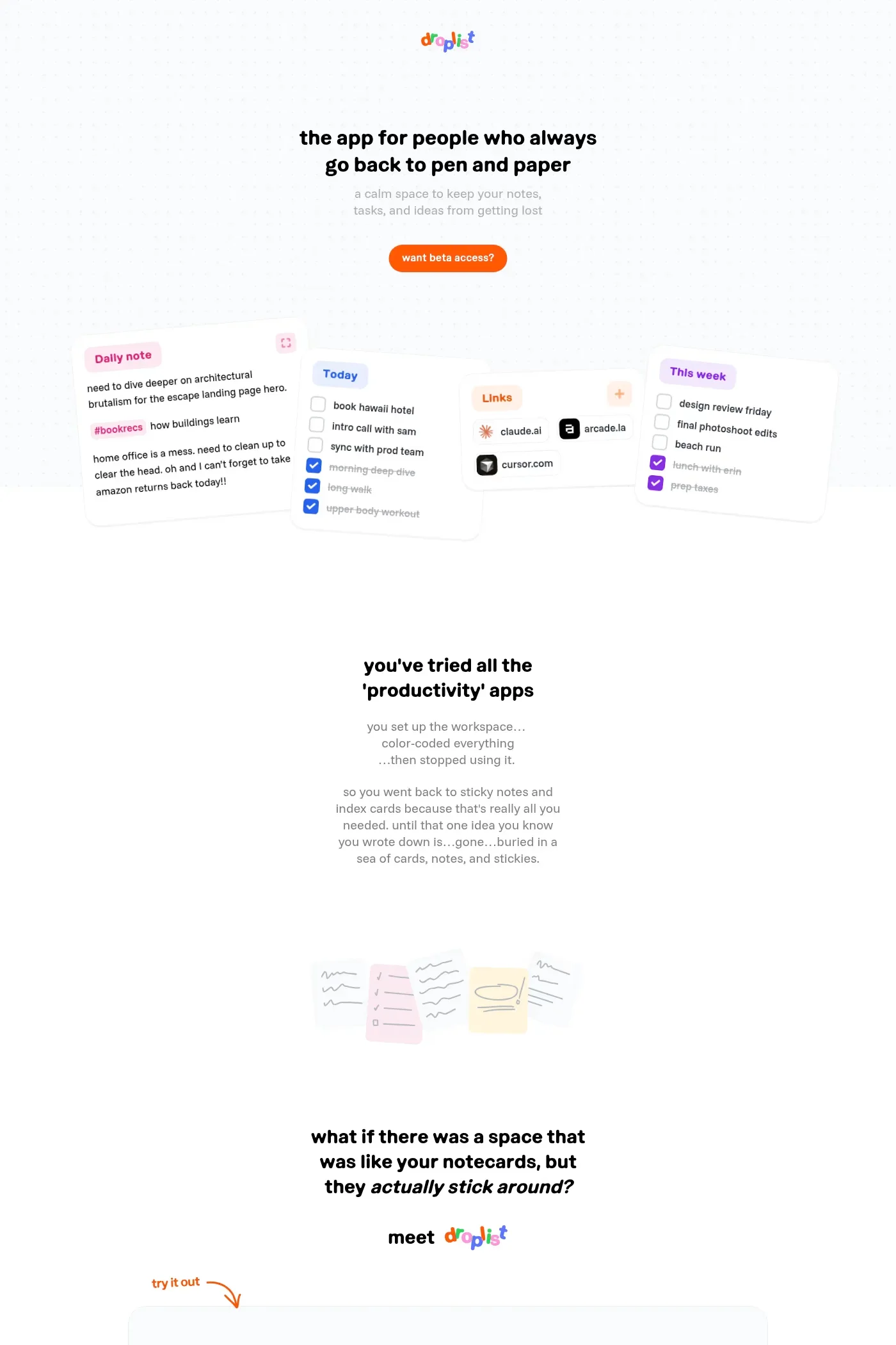 Droplist — screenshot of a light, clean productivity landing page in white and light grey