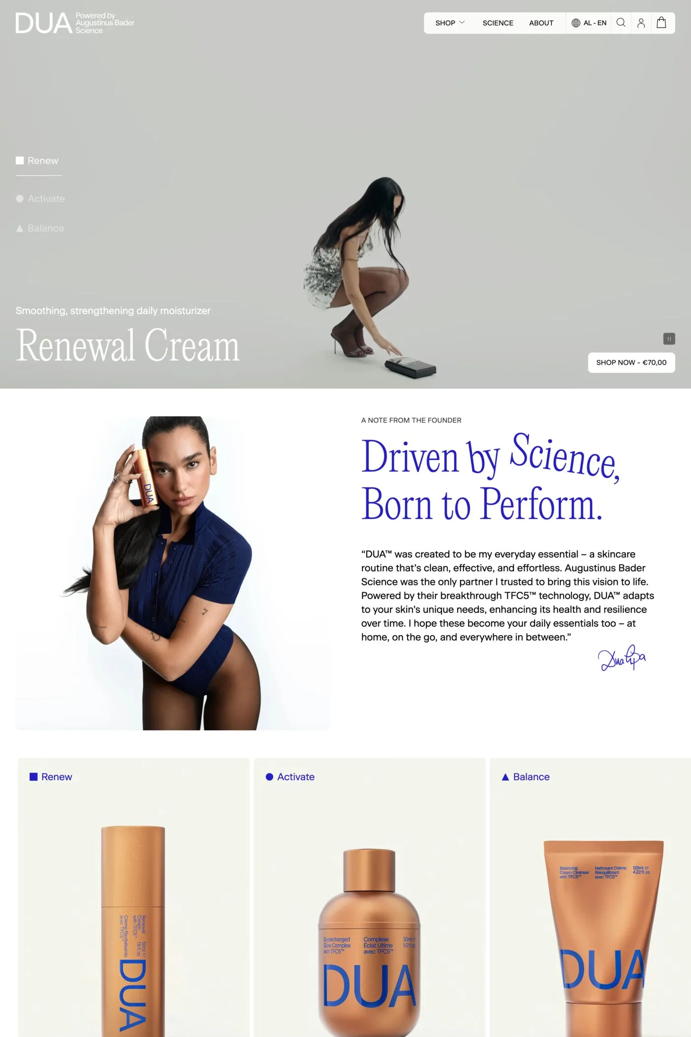 DUA™ — screenshot of a typographic health online shop in white and beige