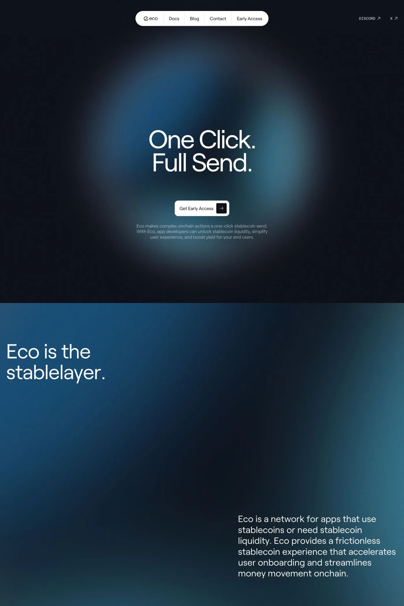 Eco — screenshot of a Web3 and crypto landing page in blue and black, with blurred gradients and sans-serif type
