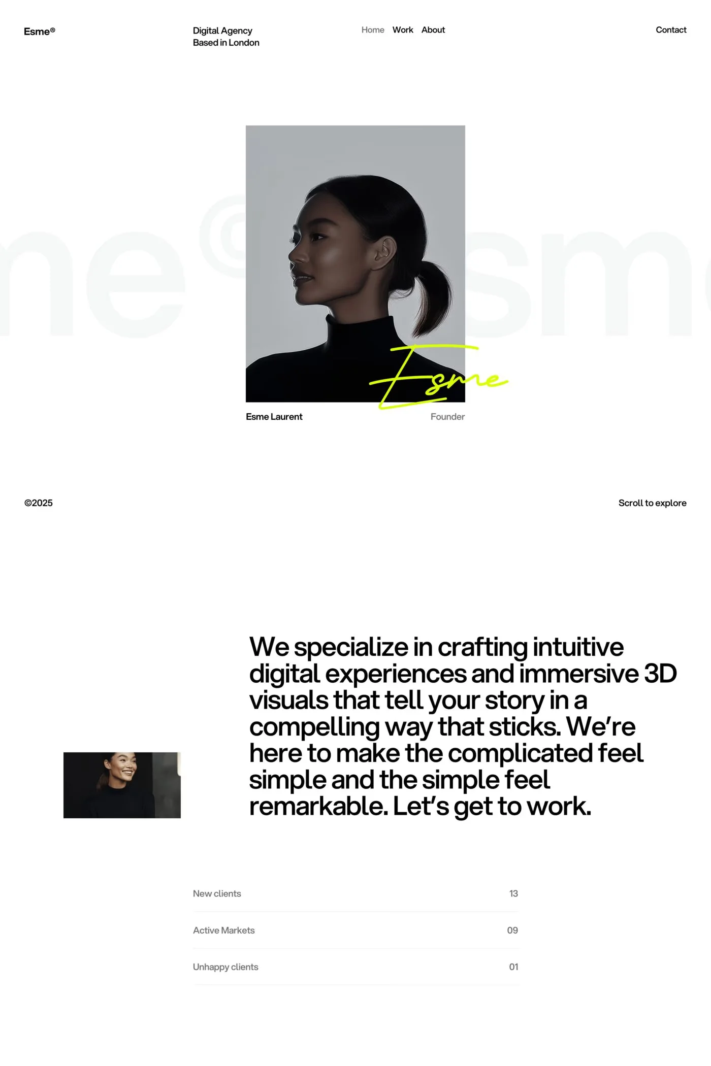Esme — screenshot of a minimal, typographic design agency template in white and light green