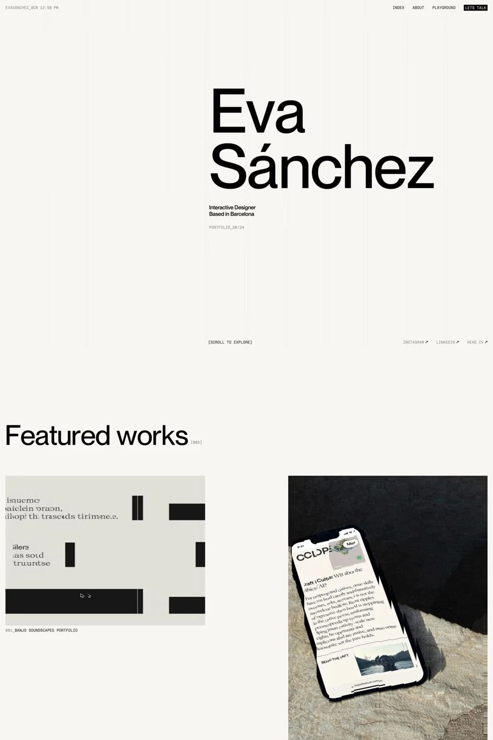 Eva Sánchez — screenshot of a monochrome design portfolio site in beige and black